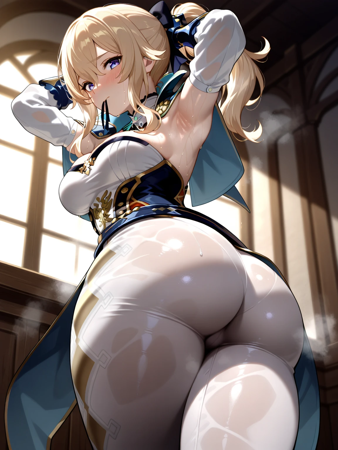 1 girl with big breasts and big ass in a blue dress with gold details with a 1 meter 90cm height in the foreground with blonde hair and green eyes