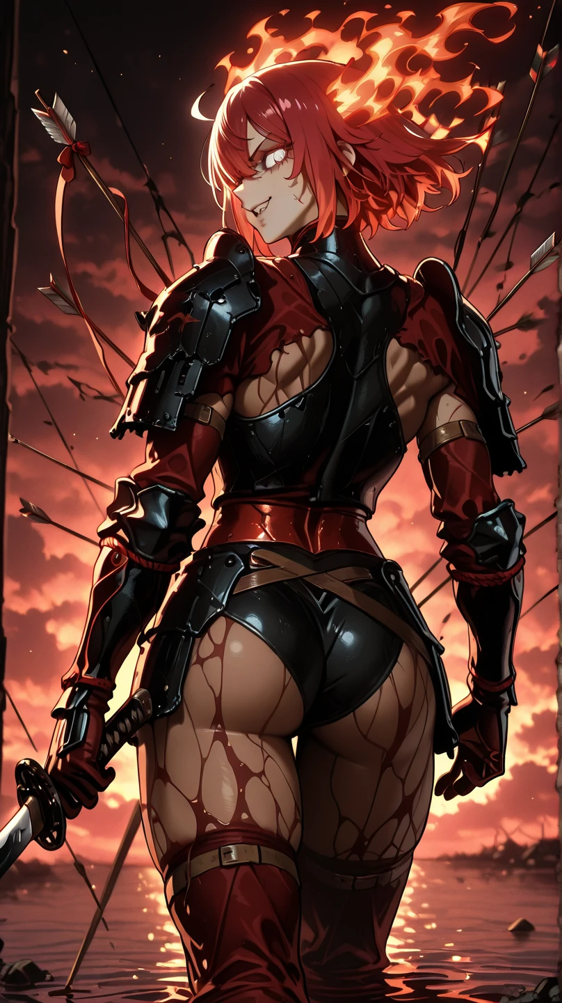 ((masterpiece, best quality)), (Skarlet from Mortal Kombat), ((in white bra and white fullback cotton panties)), butt focused shot, large backside, wearing red lipstick, realistic art style, intricate details