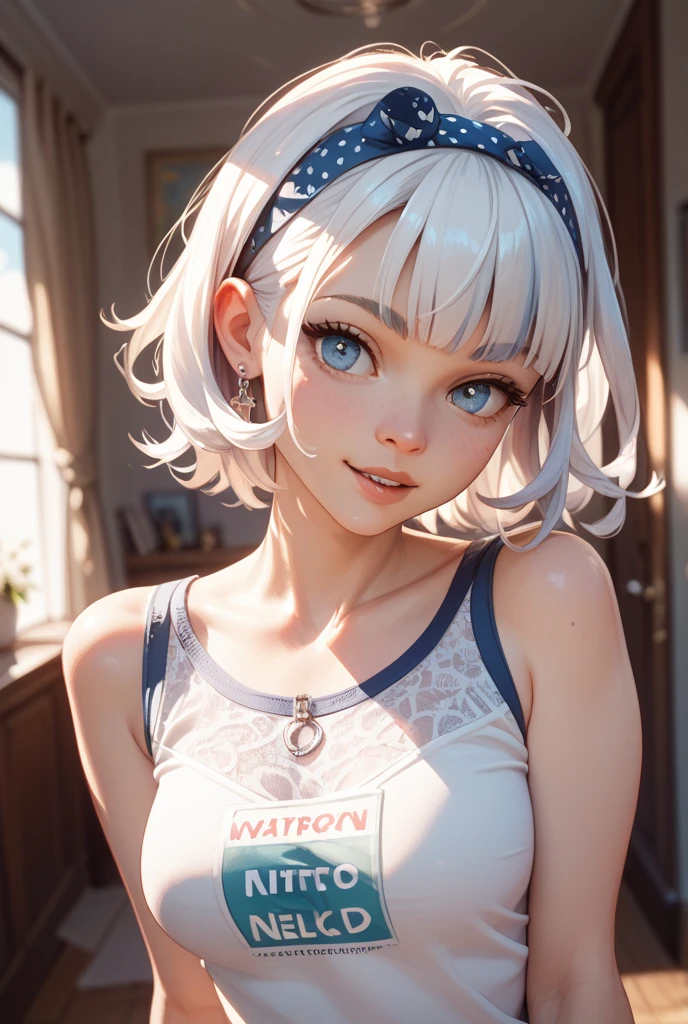 UHigh resolution, retina, masterpiece, Accurate, Anatomically correct, Textured skin, Very detailed, Attention to detail, high quality, 最high quality, High resolution, 1080P, High resolution, 4K, 8K, 16K), (Beautiful details, Beautiful lip detail, Very detailedな目と顔),１girl、Short silver bob hair held together with a hair clip, Grey Eyes、anger、I really like it、Tank top、Upper body close-up、Morning Cafe Terrace、Background Blur, Written boundary depth
