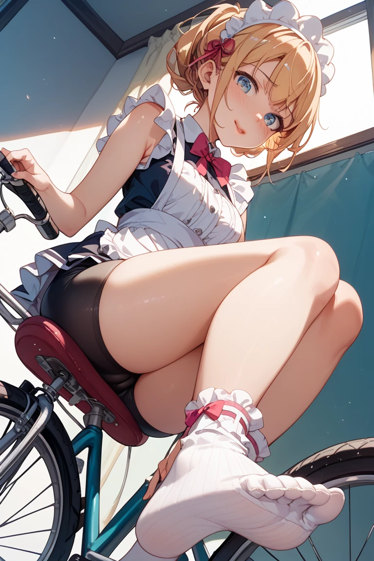 1 girl、Maid、is sitting、frill socks、from below、Ashikiri、embarrassing、Bicycle Shorts、puffy lips、legwear without toes、Cross Race Legwear、masterpiece、top quality、uncensored