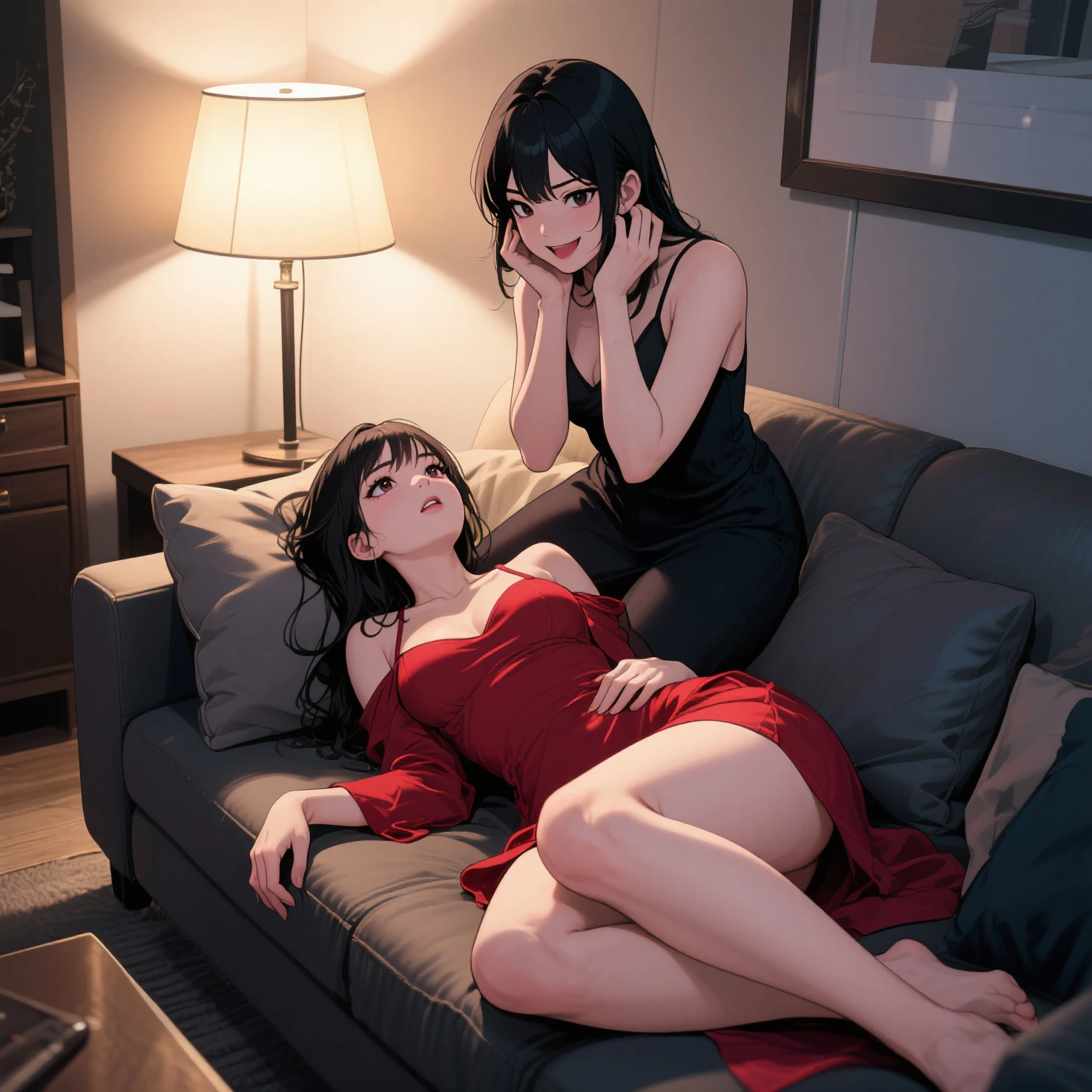 Big lust and pain full evil eyes, long tight dress evil lady dimitrescu big futa dick women at night on bed having sex with her milf curvy Neighbour with detailed long tight dress, 100mm detailed big ass big futa sex porn scene - width 672, night stormy background in luxurious pool side bed art, cartoon , 3D background, beautiful cartoon scenery, beautiful peace futa porn scene in 3D, 3D new luxurious pool side bed concept art, 16k symmetric face 16k, ultra realistic