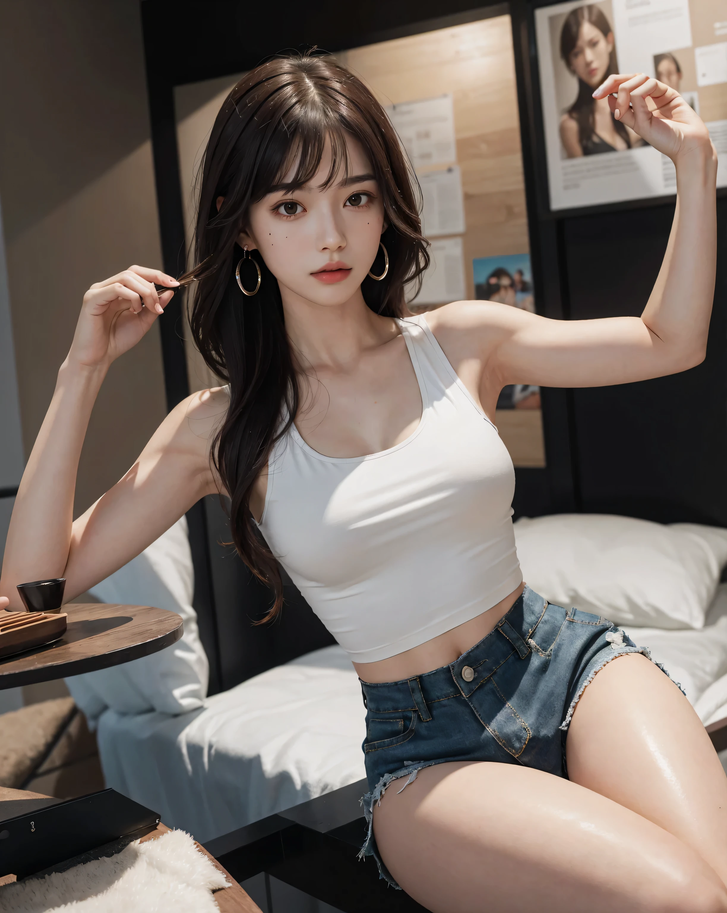 Tabletop, highest quality, (Perfect Face:1.1), (Attention to detail:1.1), (Ultra-detailed eyes), dramatic, Ultra-thin illustration, Very detailed,One Girl, teenager,(Pale skin), Happy, smile, enjoy, Brown long hair、See-through bangs,Glow Eyes,Pink Eyes,Psychic Eyes,Open your mouth,smile,alone,Pouting,Cinema Lighting,Cowboy Shot,View your viewers, Tank top, Halter top, mini skirt,Tight Skirt,jeans,Outdoor,blue sky,sunny