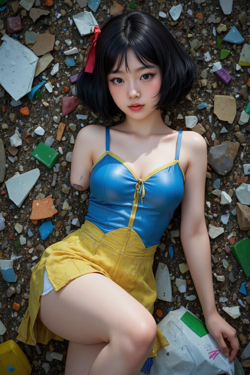 Himawari Uzumaki, Youngh, ((wearing yellow bikini)), yellow panties, sexy belly, pose sexy, (Beautiful breasts), fluffly, curves, sculptural body, gazing at viewer, Great traits, best qualityer, no flaws