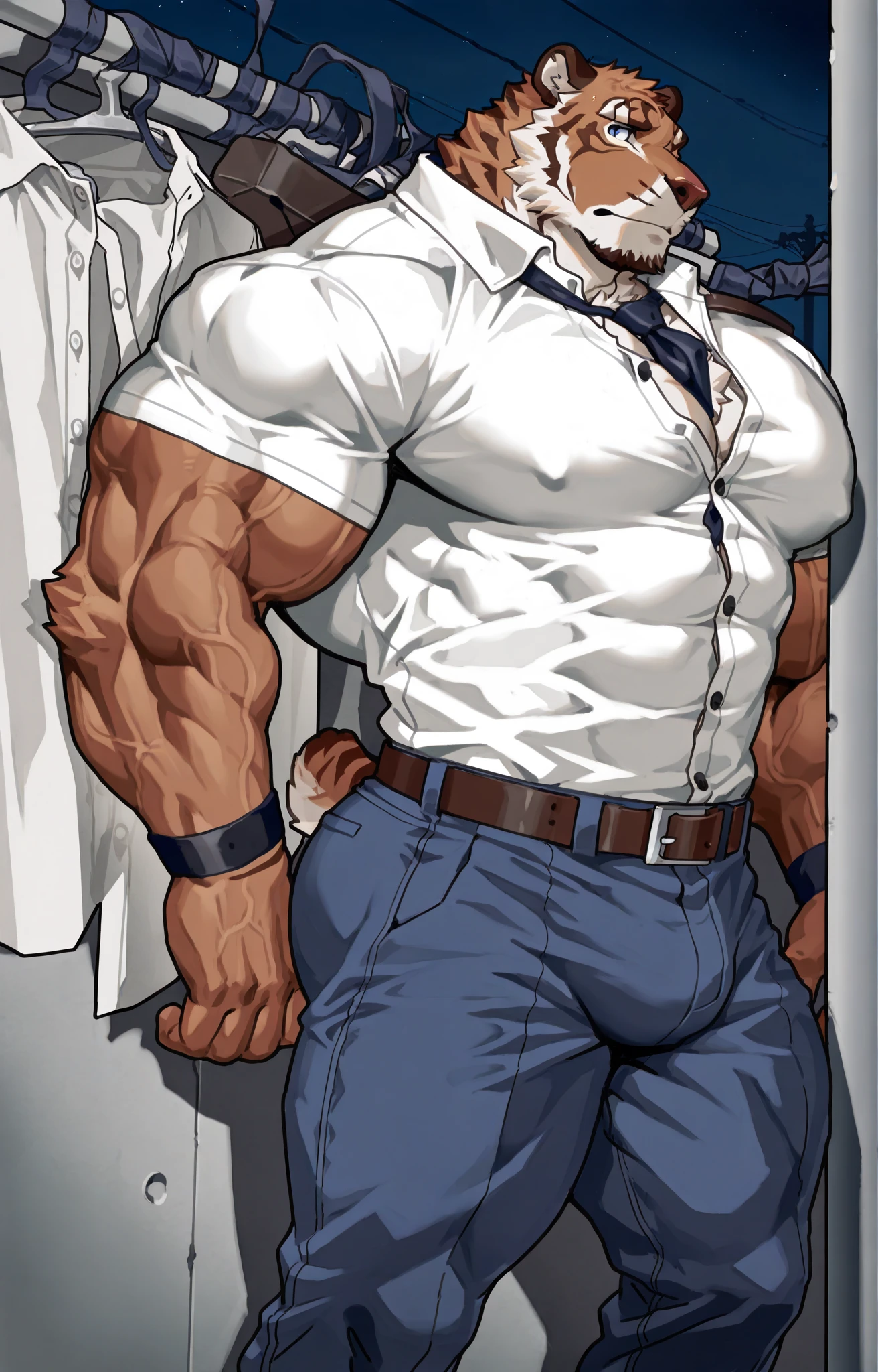 Macho, vestindo camisa apertada, fluffy peito, peito up bust shot, big peito, ombros centrados para cima, grosso, Quadris insanamente inflados, peito, seios sem forma, ombros grandes, extremely masculine muscular character, erotic, huge bulge, corpo completo, feliz
