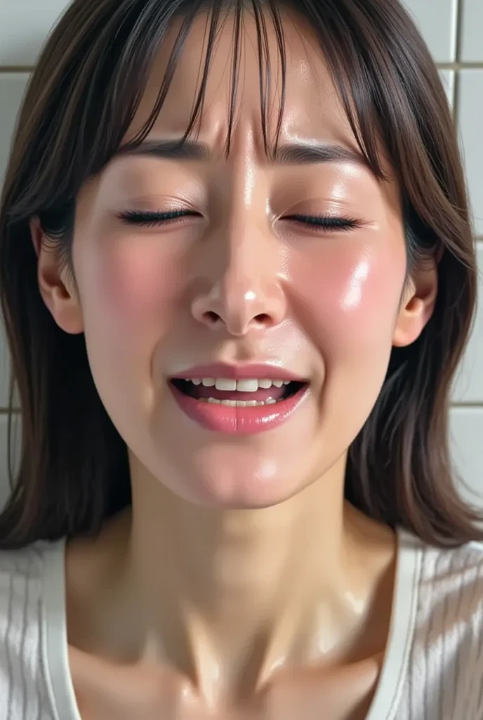 beautiful japanese actress,(photo realistic:1.4), (hyper realistic:1.4), (realistic:1.3),very detailed, edge orgasm,face Focus, woman with open mouth and closed eyes , woman with edge _face、35 years old、black haired、 news anchor、very small toilet,((Sweat)),((skin shining with Sweat))((Clabrasion glistening with Sweat,face shining with Sweat)),（(Sweatばんだ肌))((Sweaty skin)),Sitting on the toilet floor、