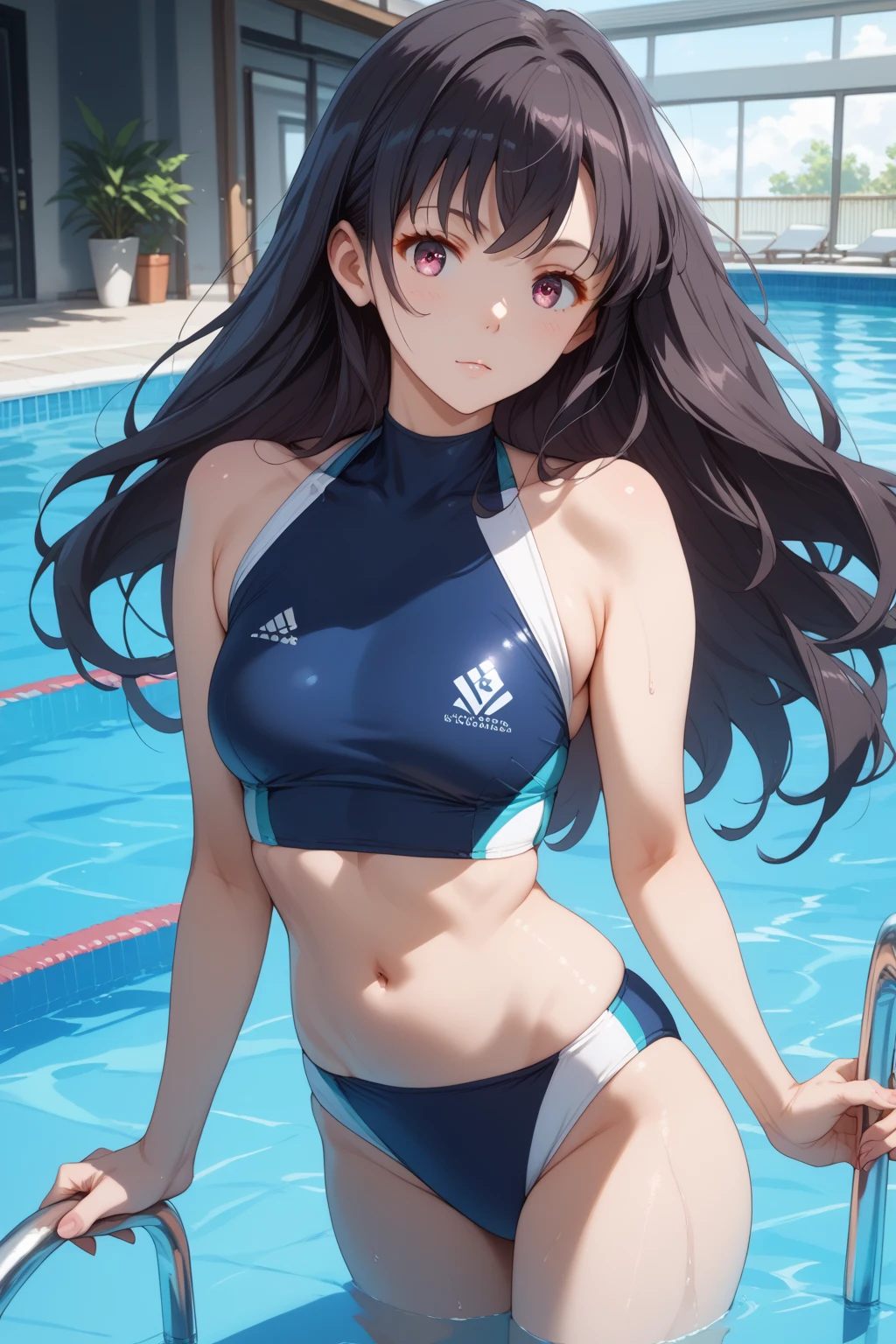 (short cute girl,small young student,young delicate girl),(masterpiece,Top quality),long black hair,Light blue sports bra,amusement park,pool