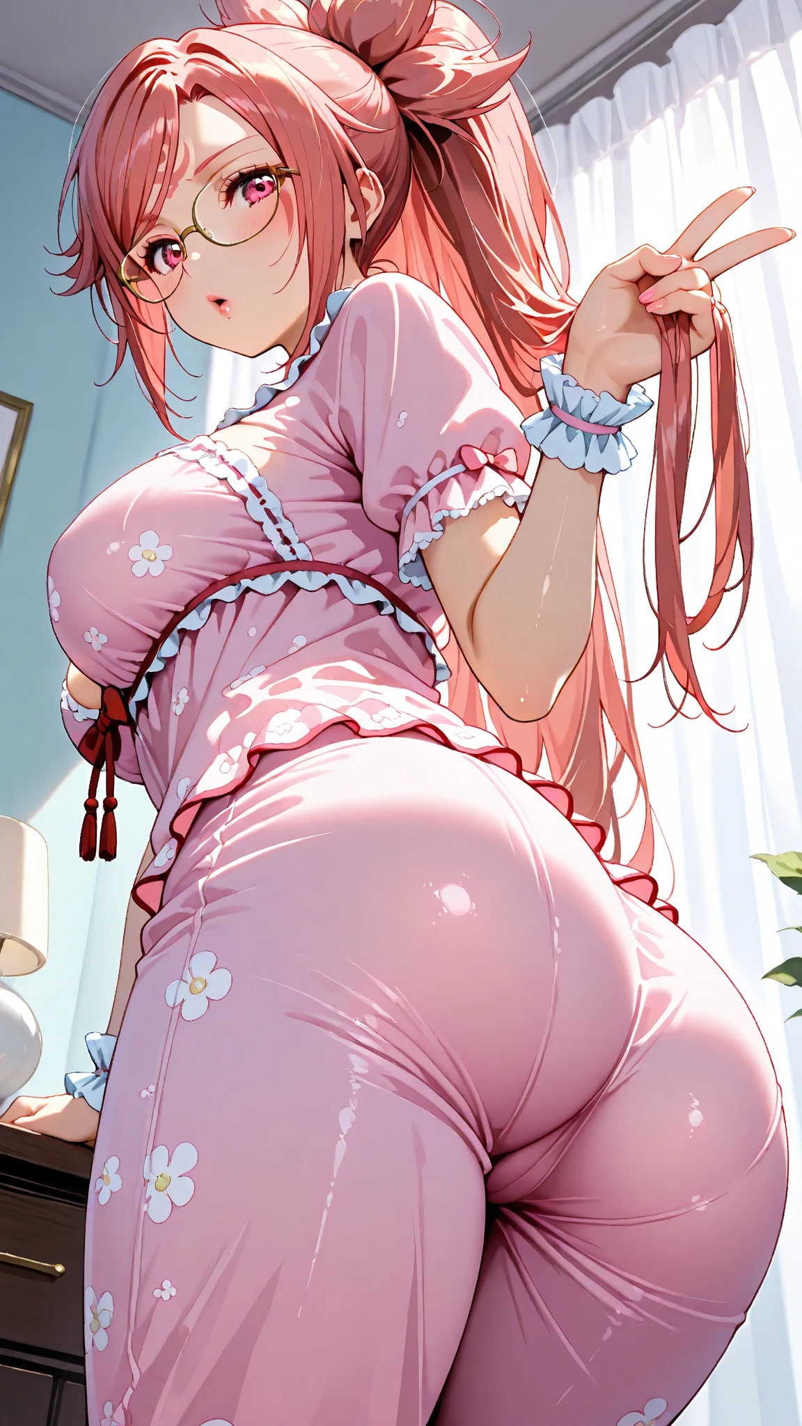 masterpiece, best quality, finely detailed, high resolution, 1girl, long curly pimk hair, pinkhair, yelloweyes, big eyes, preppy, mad face, pink and yellow clothes, women, candy theme, candy in background, candy, sitting in candy, candy lands, thick, huge hips, front view, sexy, yellow eyes, big lips, frilly clothes, frilly bra, narrow waist, (huge butt), (huge thighs), thigh high socks, colorful, candy theme, candy in background, white thigh high socks, cute