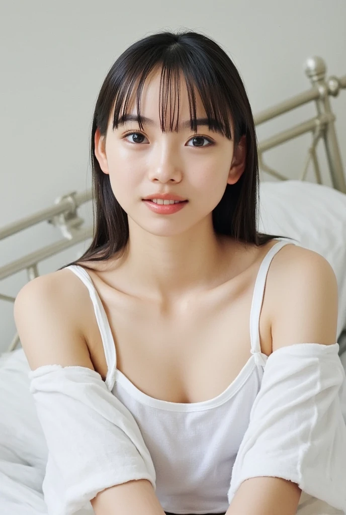 highest quality, High resolution, realistic pictures, detailed skin texture, Cute 12 year old Japan girls, view audience, slim body shape, charming gaze, Fair skin, baby face, (flat chest:1.2), long straight hair, (loli:1.2), smile showing teeth, white underwear, At the bed