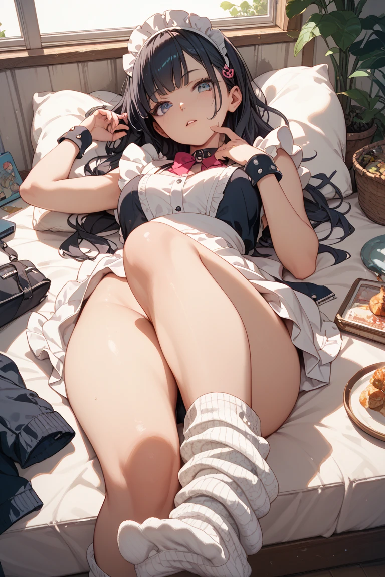 masterpiece, best quality, full-body shot, ro1, hug, hair bun, blue eyes, twintails, visor cap, pantyhose, raglan sleeves, (yellow skirt), crop-top, pink bow, wristwatch, (colorful), volumatic light, bust shot, extremely detailed CG unity 8k wallpaper,intricate, indoors, lying down in bed, big chest, cleavage, full body chest, Grab your own breasts, One girl, masturbation from below, sitting on the floor, Grab your own breasts, Spread your legs, Raise your legs, pink panties