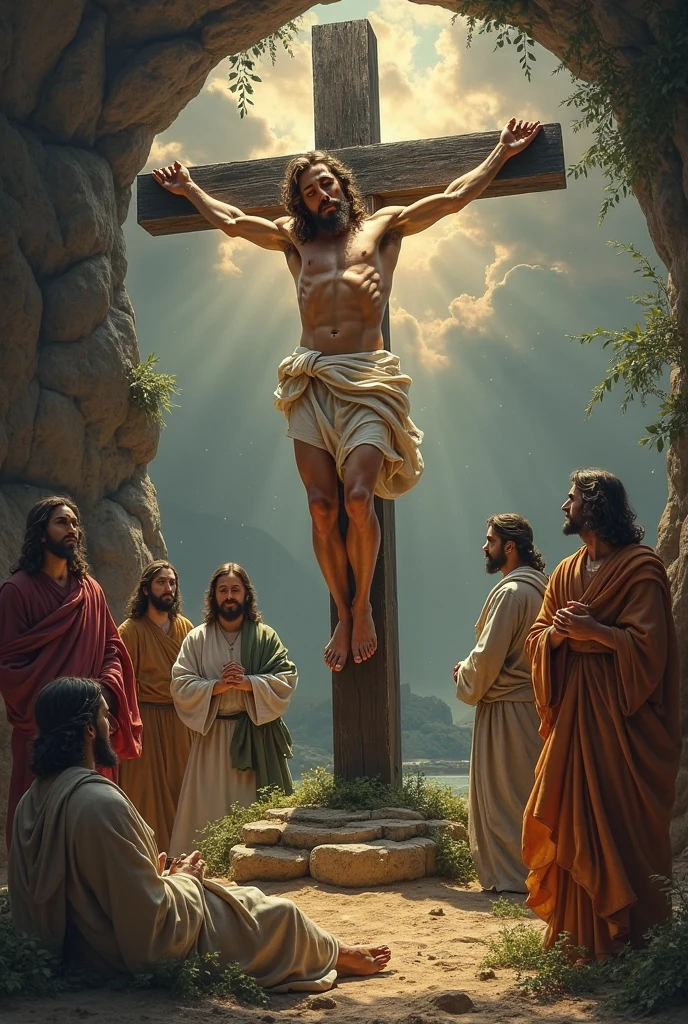An illustration of the crucifixion of Jesus Christ, set on a hill with a dramatic sky in the background. Jesus, depicted with Middle Eastern features, is nailed to a wooden cross, wearing a simple loincloth. His expression shows both suffering and forgiveness. On either side of him are two other crosses with figures representing the two thieves. A small group of people, including Mary, Mother of Jesus, and a few disciples, stand near the cross, displaying emotions of sorrow and grief. The scene is set during the day, with dark clouds gathering, hinting at the impending storm, and rays of sunlight breaking through, symbolizing hope and redemption."