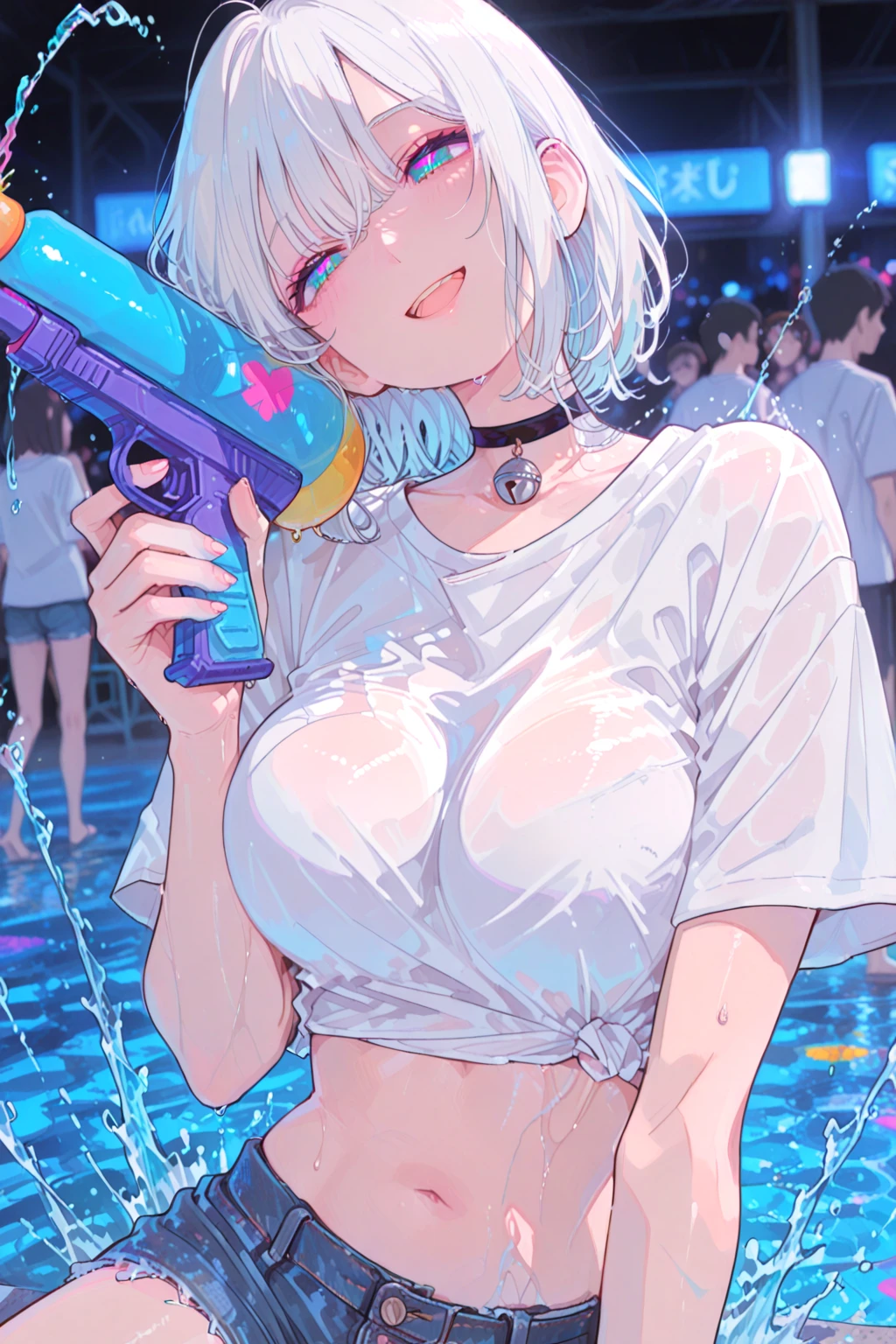 High resolution, Highest quality,  super high quality, Ultra-detailed, Cinematic lighting、(四つん這いのButt:1.5)、squat、woman 、(Transparent Bikini:1.5)、Bobcut、White Hair、Blue eyes、Beautiful Skin、Beautiful Face、Embarrassing、Beautiful Eyes、Sweaty、Sweat、Butt、完璧なButt、