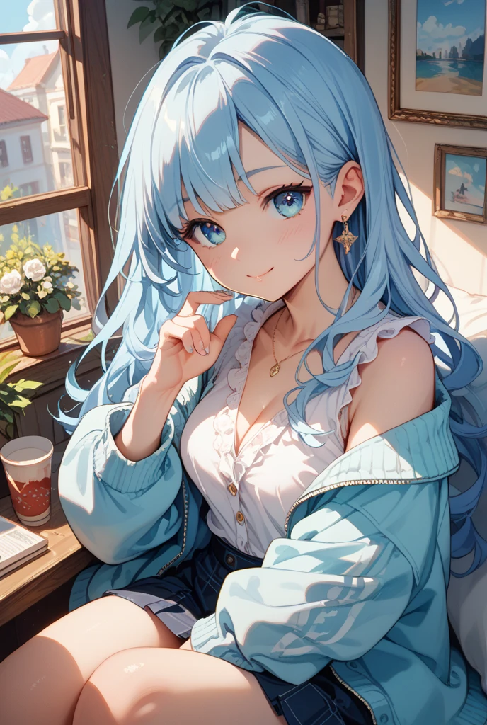 (Pastel color art style) (double exposure pastel color), (solo:2, 15 yo) (beautiful detailed forehead) (beautiful pastel blue hair long hair) (immensely cute girl) (best cute blue eyes) (best grin smile, glossy lip) (smal tits), in a cute summer one piece dress,, sit down chair, break, in the Lounge, BREAK, perfect anatomy, masterpiece, best quality, 16k, beautiful detailed grow, daydreaming expression.