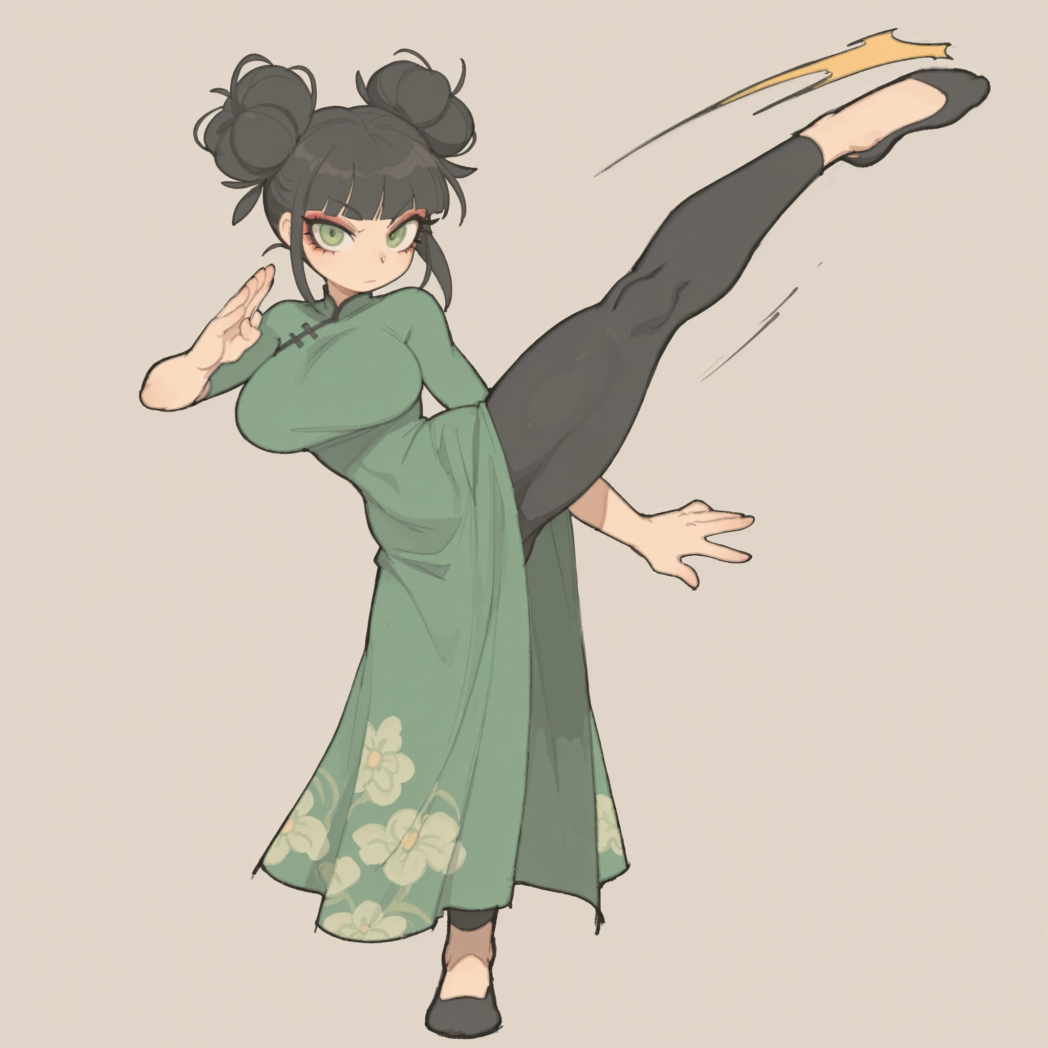 masterpiece, ultra-HD, impressionism, high detail, best quality, very aesthetic, 8k, best quality, beautiful, tmchng, 1girl, solo, short black hair, blunt bangs, two hair buns, green eyes, almond-shaped eyes, eyelashes, makeup, eyeshadow, big breasts, narrow waist, wide hips, thick thighs, toned, green qipao dress, black leggings, serious, high kick, fight stance, standing, full body, looking at the viewer, simple background, front view