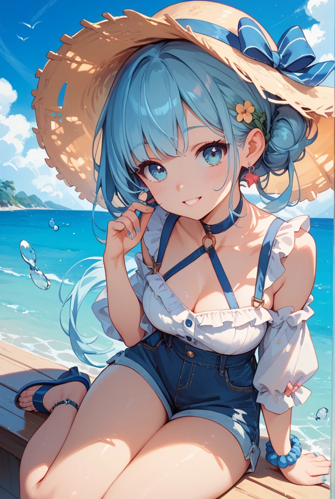 (Realistic painting style:1.1), (faux traditional media:1.0), beautiful background, perfect background, masterpiece, best quality, bokeh, palm tree, looking to the side, kamisato ayaka, official alternate hairstyle, official alternate costume, blunt bangs, butterfly hair ornament, hair flower, 1girl, butterfly, grey eyes, flower, hair ornament, light blue hair, outdoors, solo, hat, sky, blue nails, cloud, bangs, long sleeves, holding, looking at viewer, blue butterfly, braid, (standing in beach side:1.5), thigh, (wearing stripe micro bikini:2.0), (side tie bikini), (from below:1.4), (beautiful detailed eyes, beautiful teal eyes:1.2), day, blue sky, breasts, medium breasts, cloudy sky, blush, index finger raised, blue flower, smile, closed mouth, finger to mouth, blush, (soft sun light:0.6), (evil smile:1.1), (facing the front:1.8)