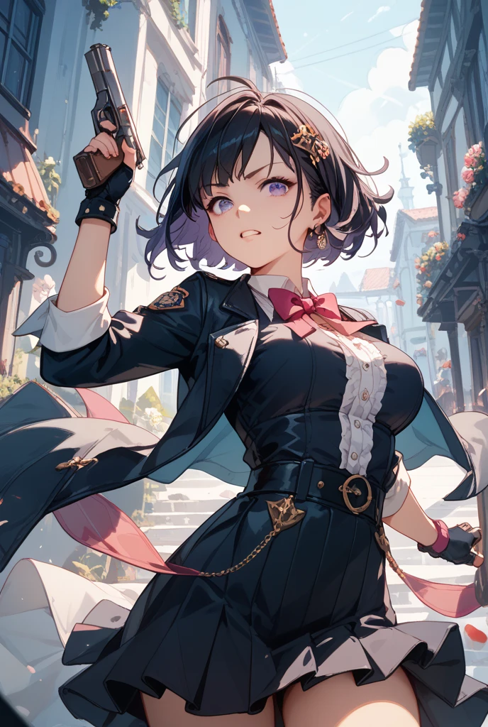 (masterpiece:1.2), highest quality, High resolution, black hair, Perfect lighting, Highly detailed CG, (Perfect hands, Perfect Anatomy), steampunk, teenage girl, downtown, 19th century, London, steam