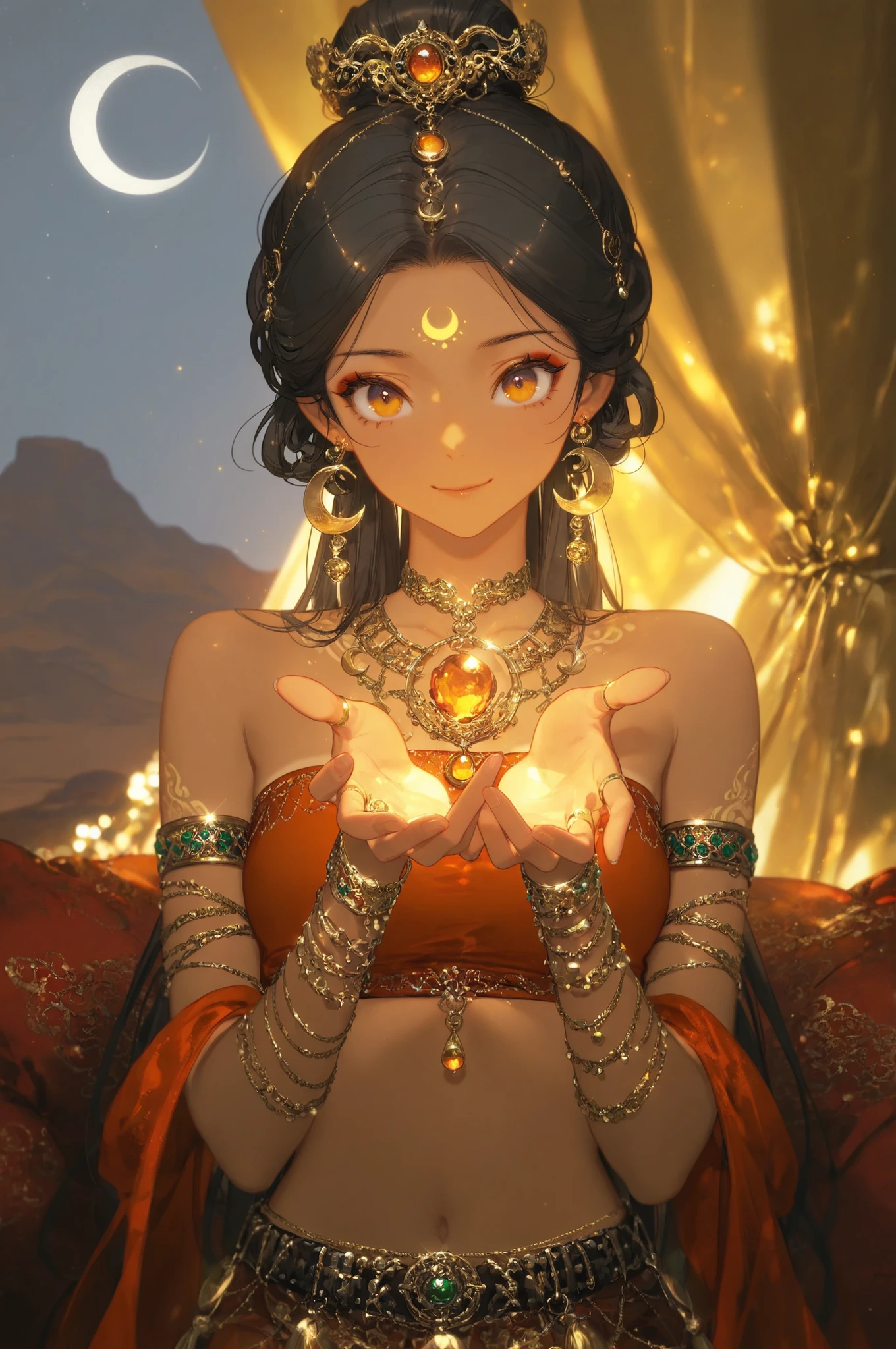 mian_lang,masterpiece, best quality, ultra-detailed, 8k resolution, illustration, cinematic lighting, sharp focus,
1girl, solo, beautiful, alluring desert dancer,
(ornate gold and silver jewelry:1.2), (mesmerizing amber eyes:1.1), (skin shimmering with gold dust:1.1),
tanned skin, heavy eyeliner, sharp gaze, looking at viewer with a subtle smile,
long black hair, hair ornaments, hair beads,
deep red velvet tube top, strapless, gold embroidery, filigree, adorned with tiny metal plates and jingle bells,
(covered in jewels), forehead jewel, crescent moon earrings, layered armlets and bangles,
low-slung chain belt, jewelry belt with a large orange gem, tassels,
intricate henna tattoos on hands and fingers,
medium shot, upper body, face focus,
inside a luxurious desert tent at night, silk cushions in the background, warm lantern light casting dramatic shadows