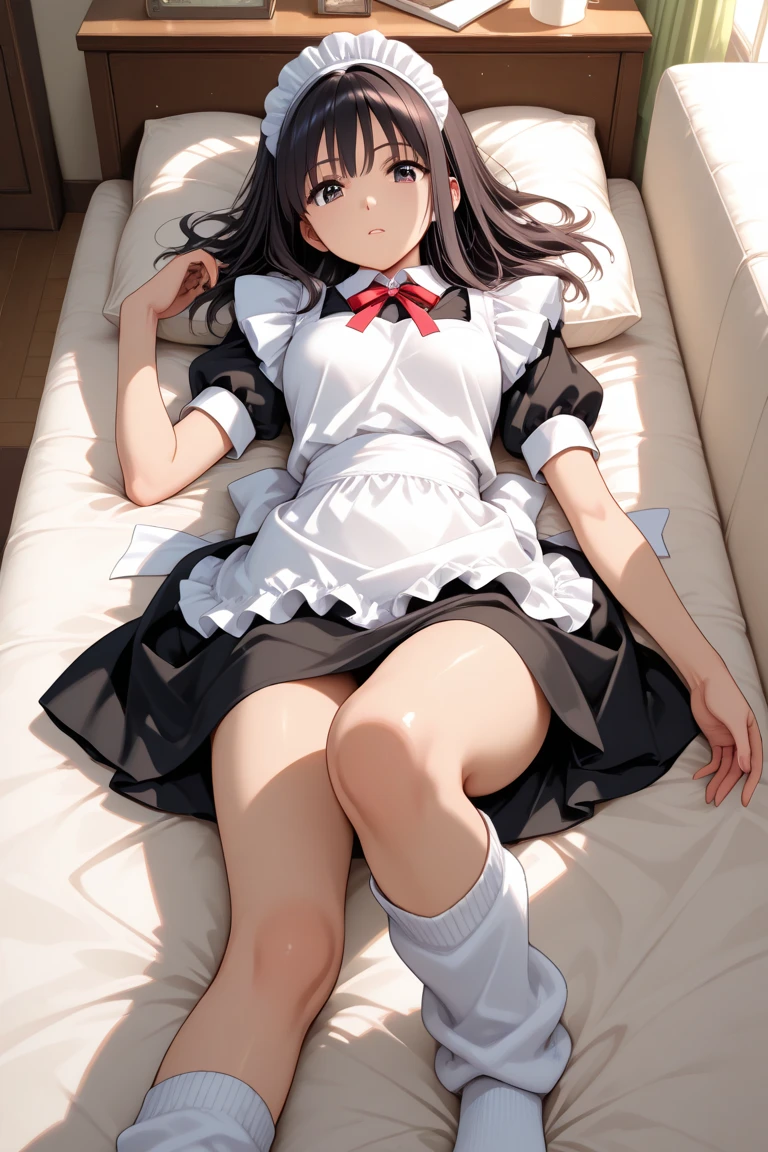 girl, anime, master piece, best quality, ultra-detailed, lie on bed, feet apart, maid, brown pigtails, enraptured expression, admiring