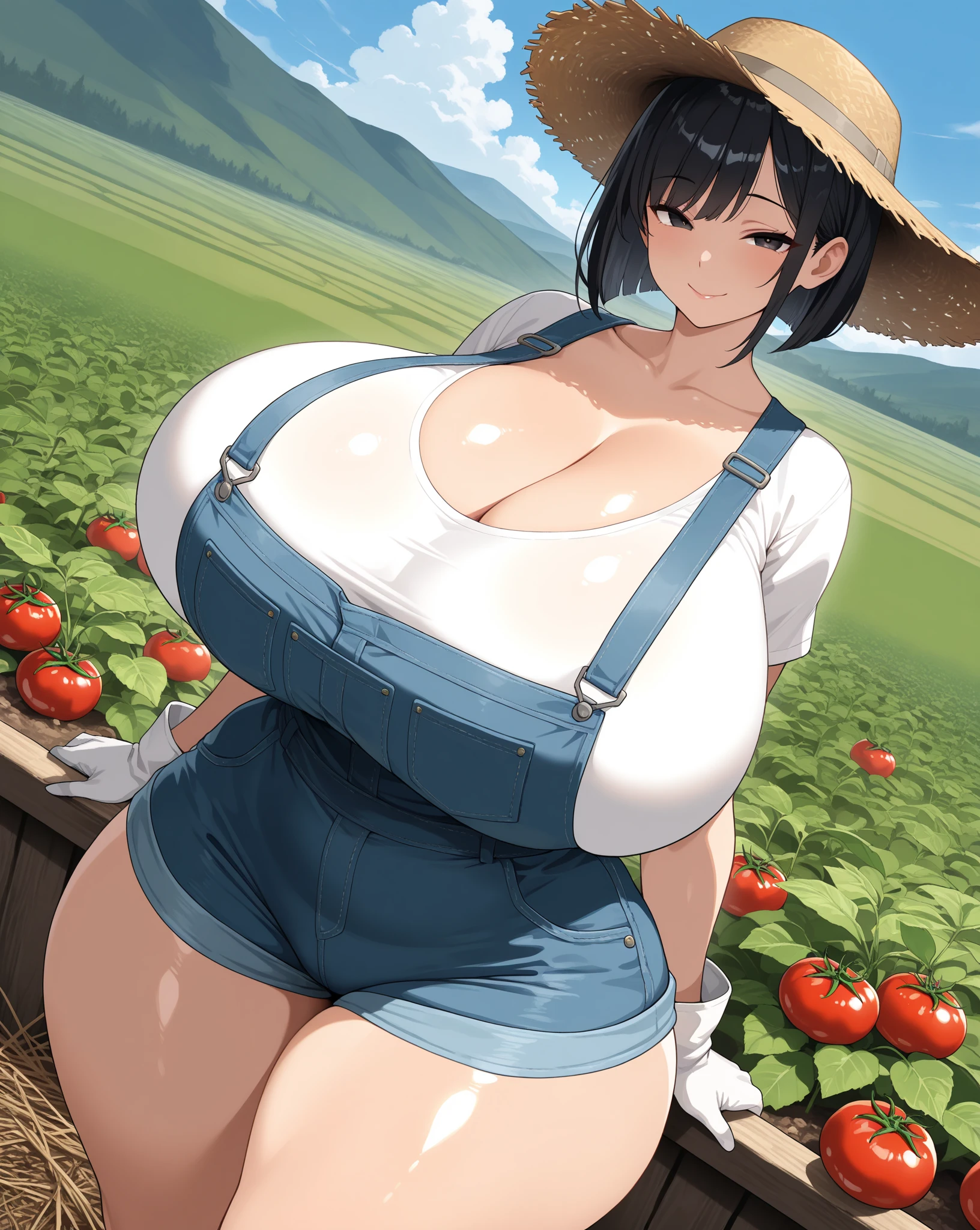 Sunflower field、summer、Straw hat、sunny、White shirt、Big Breasts、Breasts pushing up clothes、Tight clothes、No bra、Protruding nipples、Blushed cheeks、Embarrassed、Sit with your legs apart、Wet clothes、after the rain、Clothes are see-through、Protruding pubic hair