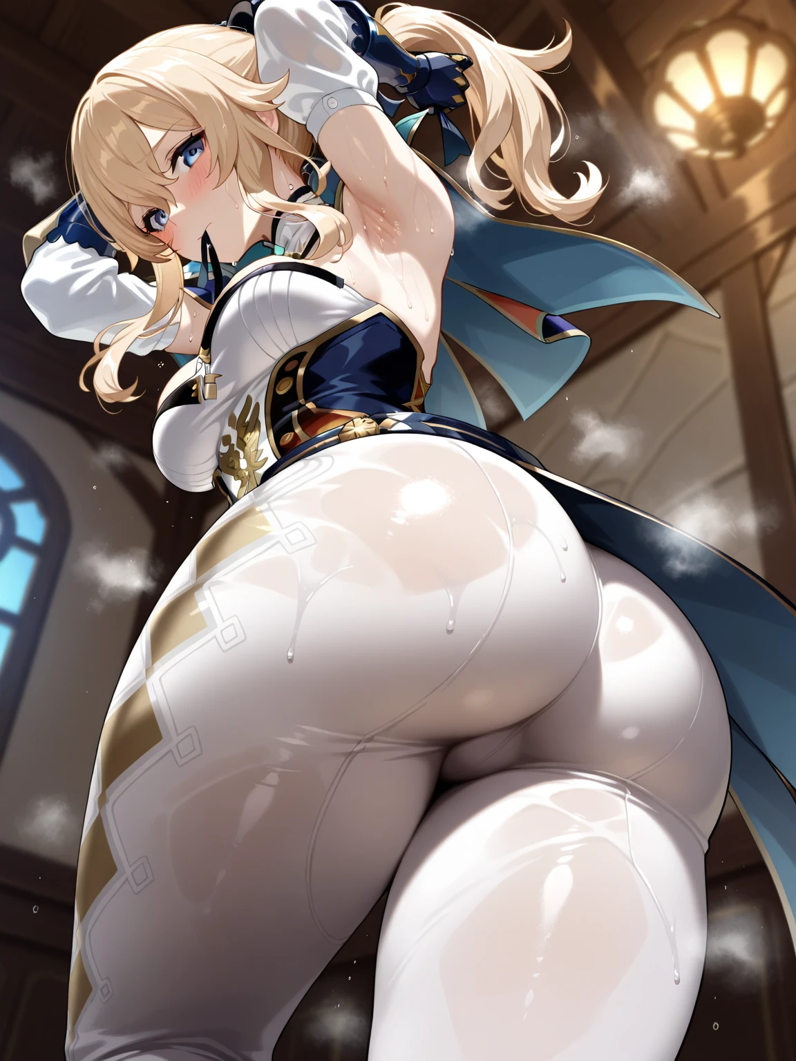 Cute  but busty girl bending over looking cute　The bust is very large and heavy, but the waist is very thin。　足と手を床につけている。