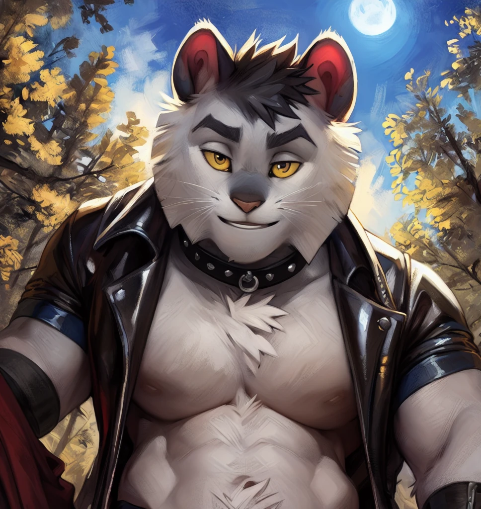 detailed fluffy fur texture, impasto impressionism, (by foxovh, ross tran, michael garmash, pino daeni, iskra), detailed eyes, highly detailed pupils, solo, furry, anthro, marshall-pp, domestic dog, male, blue eyes, white fur, white body, fur body, fully clothed, detailed fluffy fur texture, curvy, wide hips, inner fluff ears, from front, Night Forest background, Wearing black underwear, 1boy, angry, huge Muscles, adult, werewolf, Big Bodies, Biceps Huge, giganticsizing, Fight with monsters 