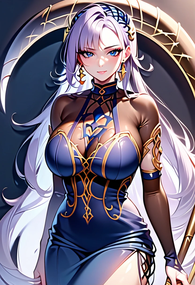 1girl, inverted bob haircut, bright_hair_color, slightly tan skin, seductive_eyes, mysterious_expression, goddes_outfit, sexy_goddes_dress, elegant_jewelry, casting magic symbols, intricate_embellishments, magic_symbols, glowing_accessories, cute_accents, cosmic background, busty, big ass, wide hips, anime style, masterpiece, magical background, evil, corrupt goddess,