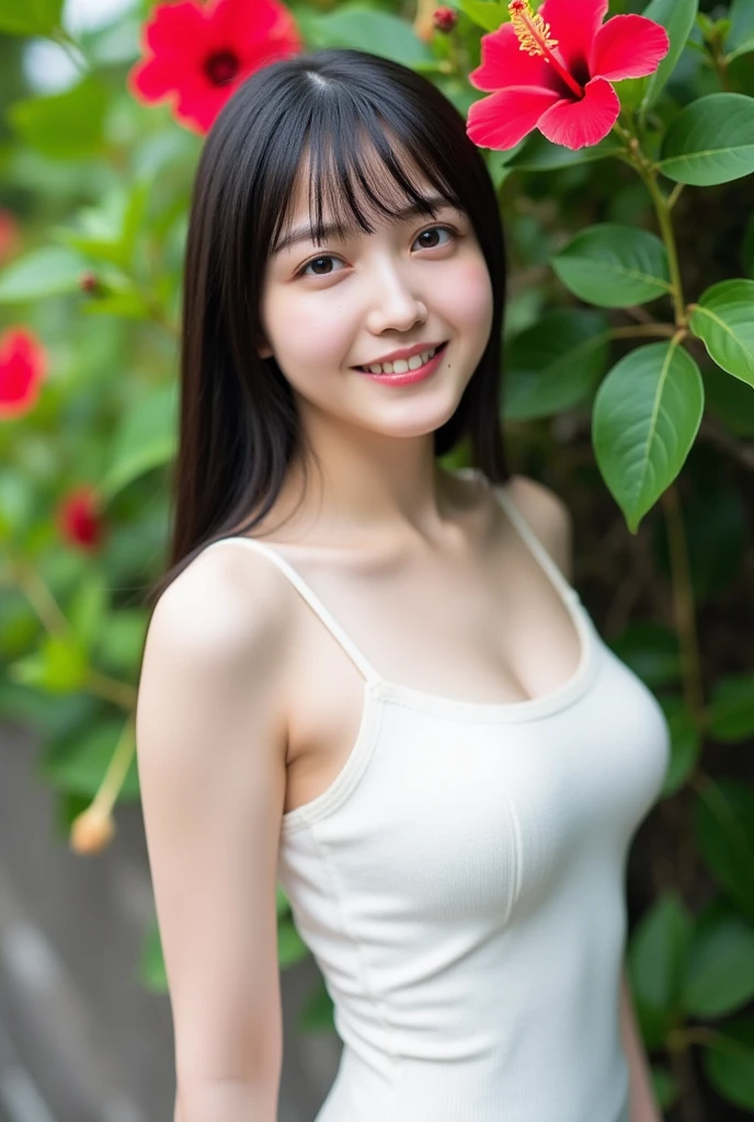 cute,  アイドルのようにcute16歳少女、Smiling Kindly、((She is short, 150cm tall.))、(Medium sized breasts)、((Full body portrait))、White see-through tank top、Cleavage、Forest Park、Natural light、RAW Photos、Genuine、live-action、realism、masterpiece、RAW Photos、High resolution