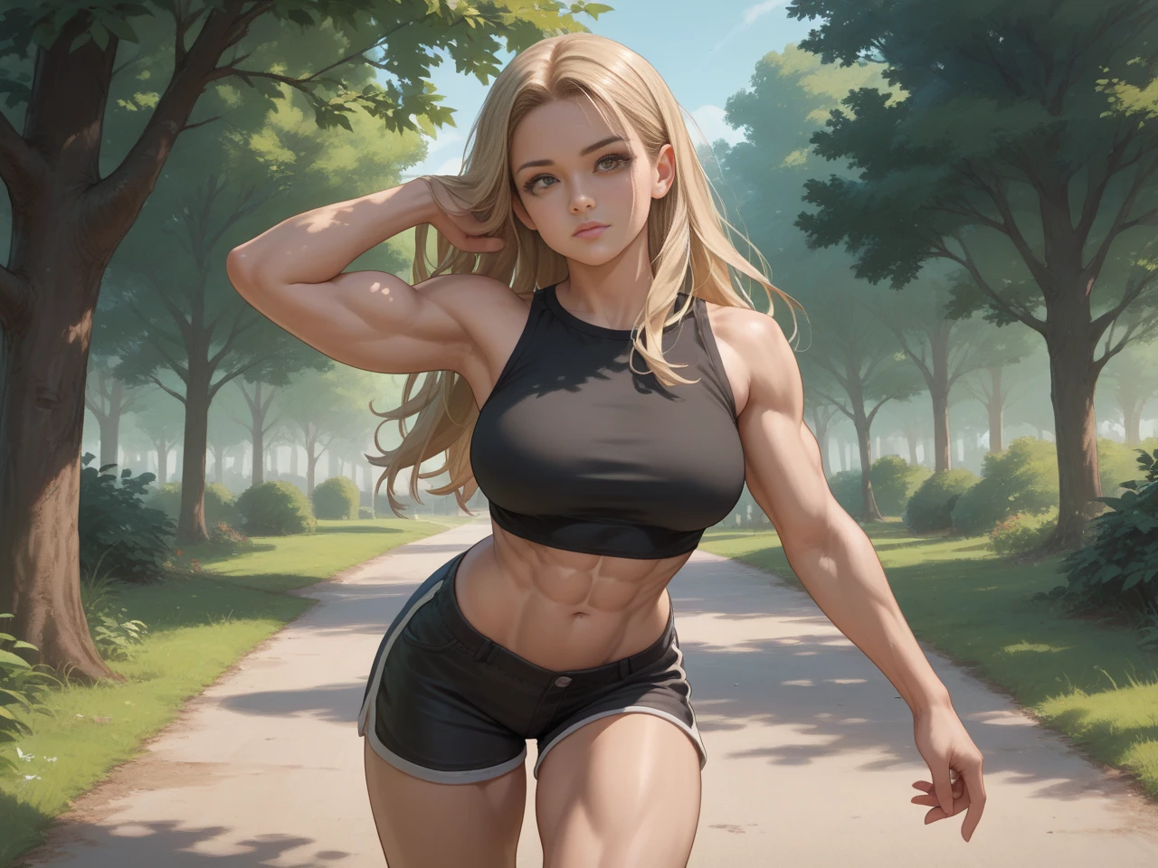 "Masterpiece, high quality, detailed, high resolution, 4k, 8k, realistic skin texture, amazing shadows, perfect lighting, hyper-realistic." One woman, blond hair, white tanned skin, strong, toned abs, green eyes, running, athletic shirt, wet clothes, sweaty