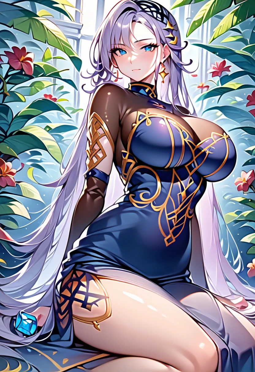 masterpiece, best quality, high_resolution, finely detailed, extremely detailed and beautiful, distinct_image, 1 girl, solo, from below, silver hair, red eyes, dragon horns, (huge breasts), (underboob), outdoor, plants, botanical garden, dolphinshorts, arms behind back