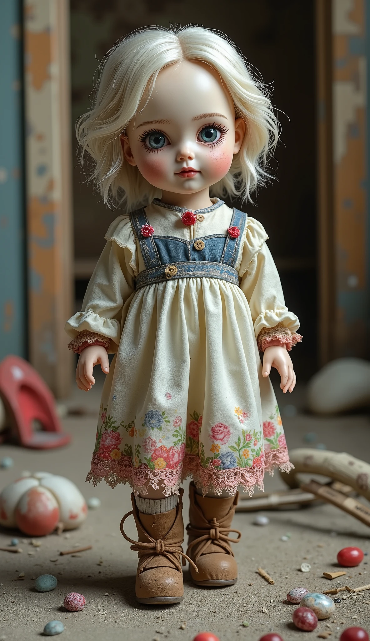 abandoned doll,abandoned doll, Walking Pose ,expression,Desolate Decorations,Broken Eyes,Hurt But Unforgotten Memories,Abandoned,Texture,Dark Atmosphere,ruins,Fantasy,dark tone,high resolution,Fine,4K,Ultra-realistic,illustrations, old,portrait