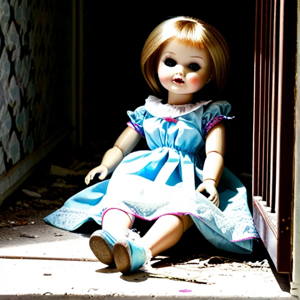 photo of realistic doll sitting on dirty mattress in abandoned basement, wearing old dirty torn dress, clutter, mess, 4k, vintage 60s photo shoot