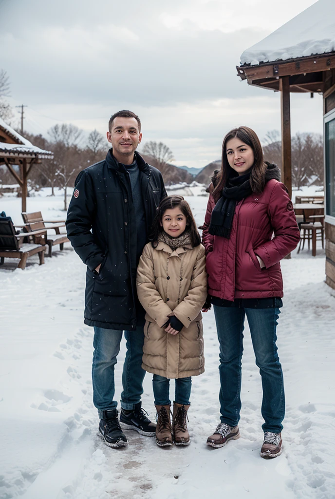 Ayslinn Derbez is 25 years old and Lothar matthäus is 35 years old and little daughter is 8 years old, she have long hair, they are in Oslo, they are wearing winter clothes, romantic, they are posing romantic, nigh, they are with their little daughter
