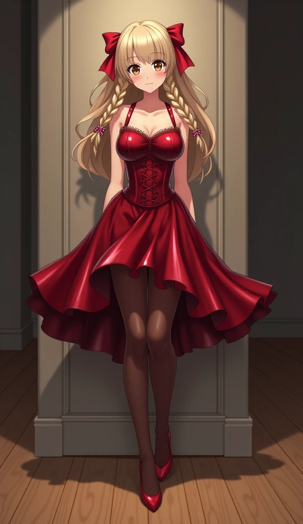 Woman, gorgeous, sexy, scarlet red eyes, long straight hair, blondie, red fitted prom dress, ruffled skirt, seductive look, seductive pose, without stockings, red shoes