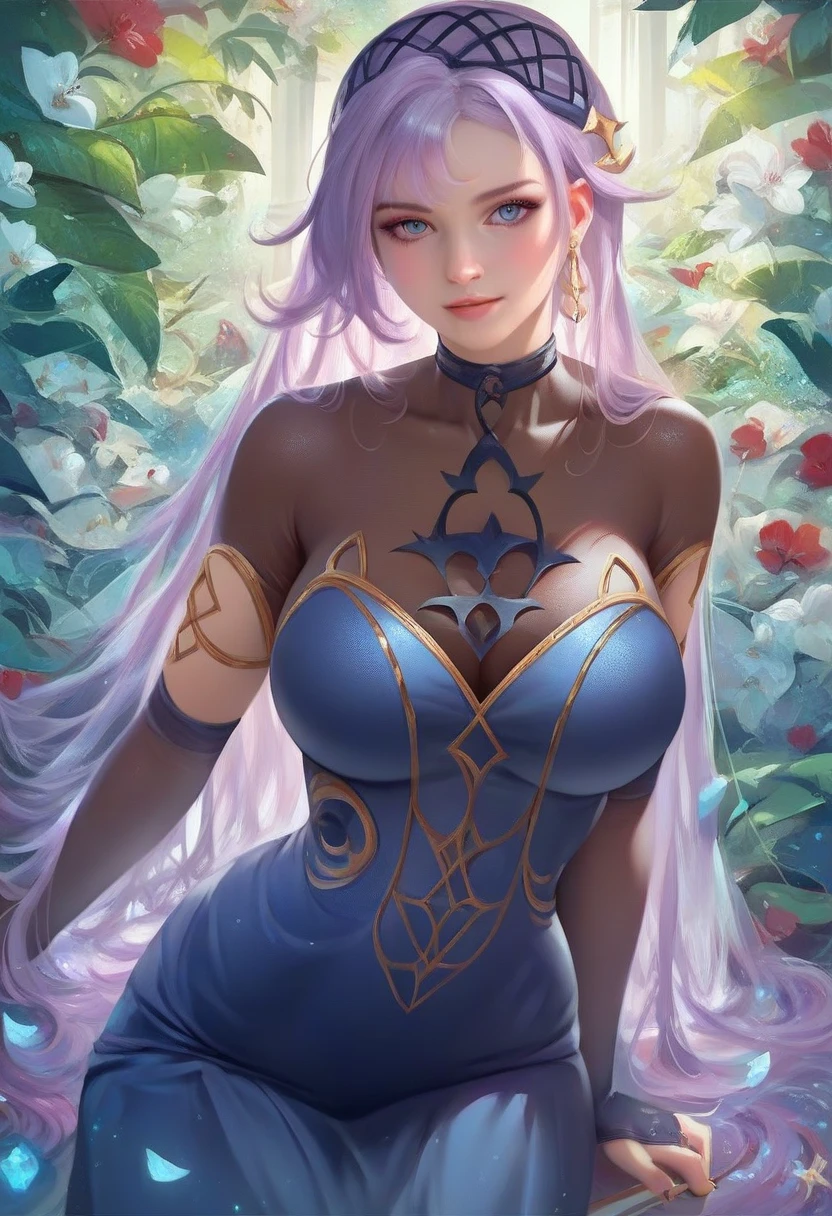 anime_source, (masterpiece), best quality, expressive eyes, perfect face, score_9, score_8_up, score_7_up, 1girl, black legwear, braid, breasts, bush, colored skin, purple skin,, dappled sunlight, elf, forest, grass, large breasts, lips, long hair, looking at viewer, medium breasts, nature, navel, grass, outdoors, pointy ears, purple hair, purple skin, signature, solo, thighhighs, yellow eyes, forehead, sitting, straight hair, elf attire, white clothes, pelvic curtain, cleavage