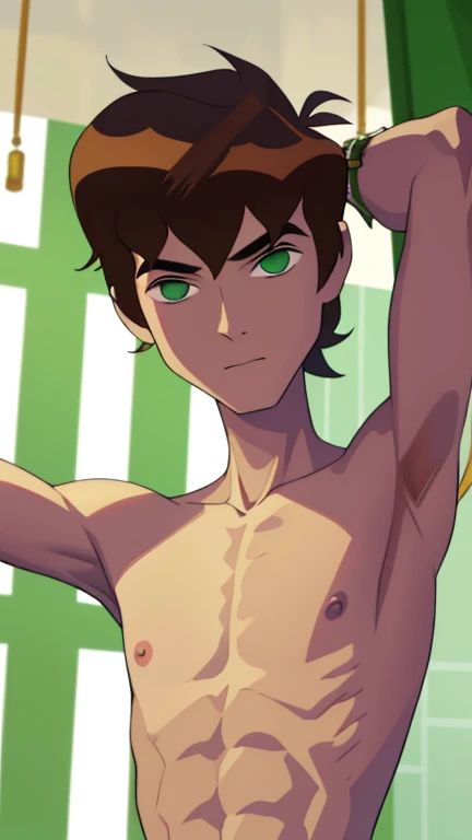 Highres, Masterpiece, Best quality at best,Best Quality,hight quality, hight detailed, 1boy, 12-year-old-boy, bentennyson, green eyes, seen from the front, (shirtless, topless, bare chest), (showing armpit:1.3), slim body, upper body, the night, sweat
