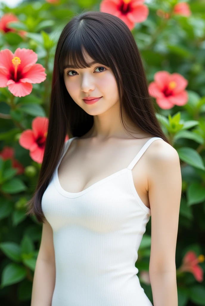 ((masterpiece)), 32K, masterpiece, Highest quality, 1 girl, alone, (Nationality: British:1.3), Realistic, garden, Realistic, Very detailed, Detailed Background, (alone: 1.4), Happy expression, Slender body, Realistic Highly detailed long hair, Intricate details, masterpiece, Highest quality, West Shot, (Flowering garden background)), smile, ((Looking at the camera)), Earrings, Long straight black hair, Asymmetrical bangs, Natural Breasts ,