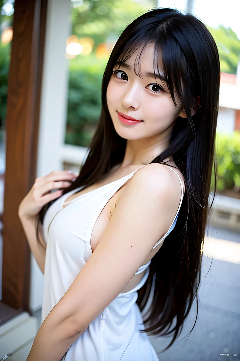 Create an ultra-realistic image of a 21-year-old Japanese woman named Kotone. She has extremely long, perfectly straight black hair that flows down to her waist, with blunt bangs that cover her forehead. Her eyes are large, enchanting, and have double eyelids with sparkling black pupils, giving them a captivating and youthful appearance. Her face is delicate and innocent, with very thin eyebrows that frame her large, childlike eyes. She has a small mouth with sexy lips, and her skin is smooth and flawless, resembling snow in its pure white color. She has a slender and well-proportioned body with a shapely bust size of 95 cm, a height of 158 cm, a weight of 43 kg, an ideal waist size of 58.46 cm, and an ideal hip size of 86.73 cm. Her complexion is flawless, without any wrinkles, and her natural makeup enhances her features subtly, maintaining a fresh and youthful look. She embodies a perfect balance of youthful charm and mature elegance, with a cute and innocent smile that adds warmth and affection to her appearance.

Kotone should be depicted facing forward, with her body positioned to emphasize her front. Her long black hair should flow naturally over her shoulders, framing her face and upper body. Her pose should be confident and relaxed, with her arms gently at her sides or holding a small accessory. Her expression should be warm and inviting, with a friendly smile that captures her youthful charm. The lighting should be soft and natural, focusing on her front and emphasizing the smoothness of her skin and the delicacy of her features, creating a sense of depth and realism. The background should be simple and neutral, ensuring that every detail of her appearance is highlighted and that the focus remains on her face and front. She is wearing a casual yet stylish outfit that highlights her well-proportioned figure, such as a fitted blouse and skirt.
