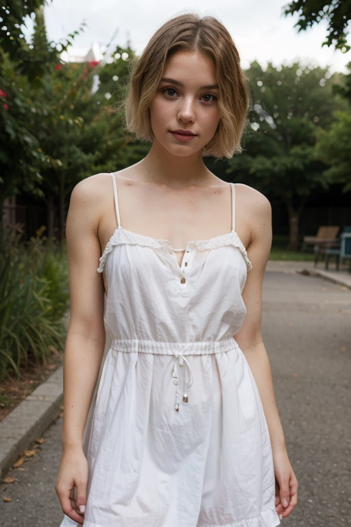 Sophia Lillis, thick body, short wavy hair, extra pale skin, freckles, sitting at the park, wearing dress