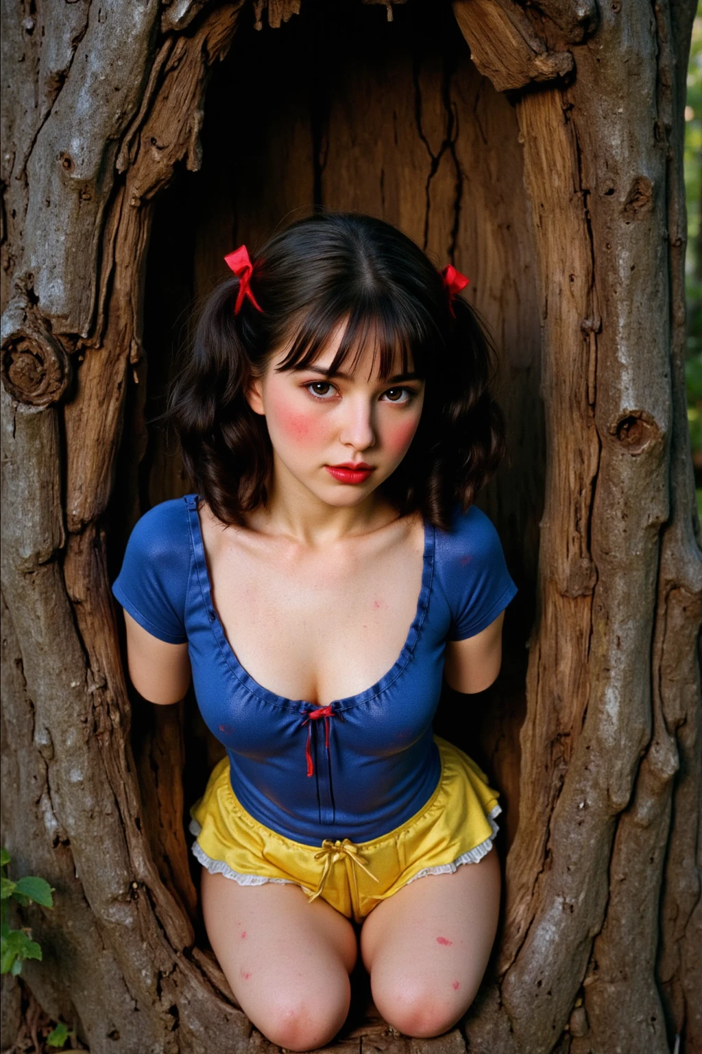 Woman 1.58 meters, big eyes wide open, Lost look, exaggerated smile, fake smile, teeth visible, crazy face, Great cleavage, by rubio, licking his lip, sexy body, very small mini skirt, holding an ax in his hand