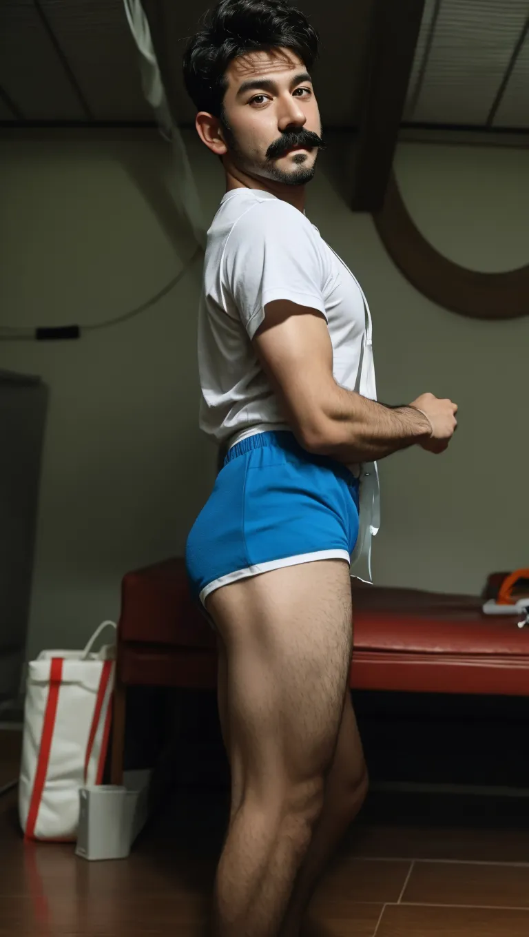1boy, (Light Brown Eyes), happy smile,American boy,18 years old,young, thick body, slender, sport body build, child-like,White Teenage boy ,(best quality, highres:1.2), ultra-detailed, realistic:1.37, tools, dirty hands, a wrench, a screwdriver, a toolbox, gloves, work boots, a workbench, metal workshop, a well-lit background,wearing brown colors micro thong with medium bulge,pale skin, skinny, good lighting, very pale skin, light skin, model with attractive body,medium bulge and medium butts,(Best quality, 8k, Masterpiece). High Detail , superior quality, natural lighting, beautiful, sexy, correct anatomy, good composition,realistic shapes, realistic skin tones,Natural eyes,realistic eyes,looking up at viewer,vpl,realistic muscles,Realistic wrinkles on the skin,Realistic arms and legs,Realistic face,realistic hair,Make a sexy and seductive face, Clear Focus: 1.2, Perfect Body virile: 1.4 , Slender Abs: 1.2, Highly detailed face and skin texture, detailed eyes, double eyelids, big upper lip, man focus,amazing composition, front view, HDR, volumetric lighting, ultra quality, elegant,Post a erotic photoshoot,Realistic pose,detailed hair,full body,Fujifilm XT3 photorealistic art by midjourney