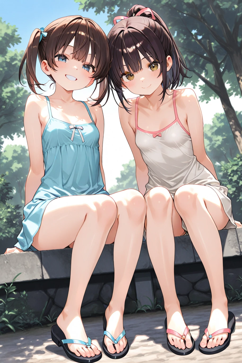 highest quality, Ultra-high resolution, (Realistic: )2D official style cel animation,((2Girls sitting in a row))high school girl、ponytail、White Big Ribbon、Short Bob、Hair band、Grey mini skirt,summer shirt,Unbutton、(Lace panties、Lace bra),loose socks,Full body portrait,(From below),Station stairs,sunny,Spread your legs、blush、Deep Kiss