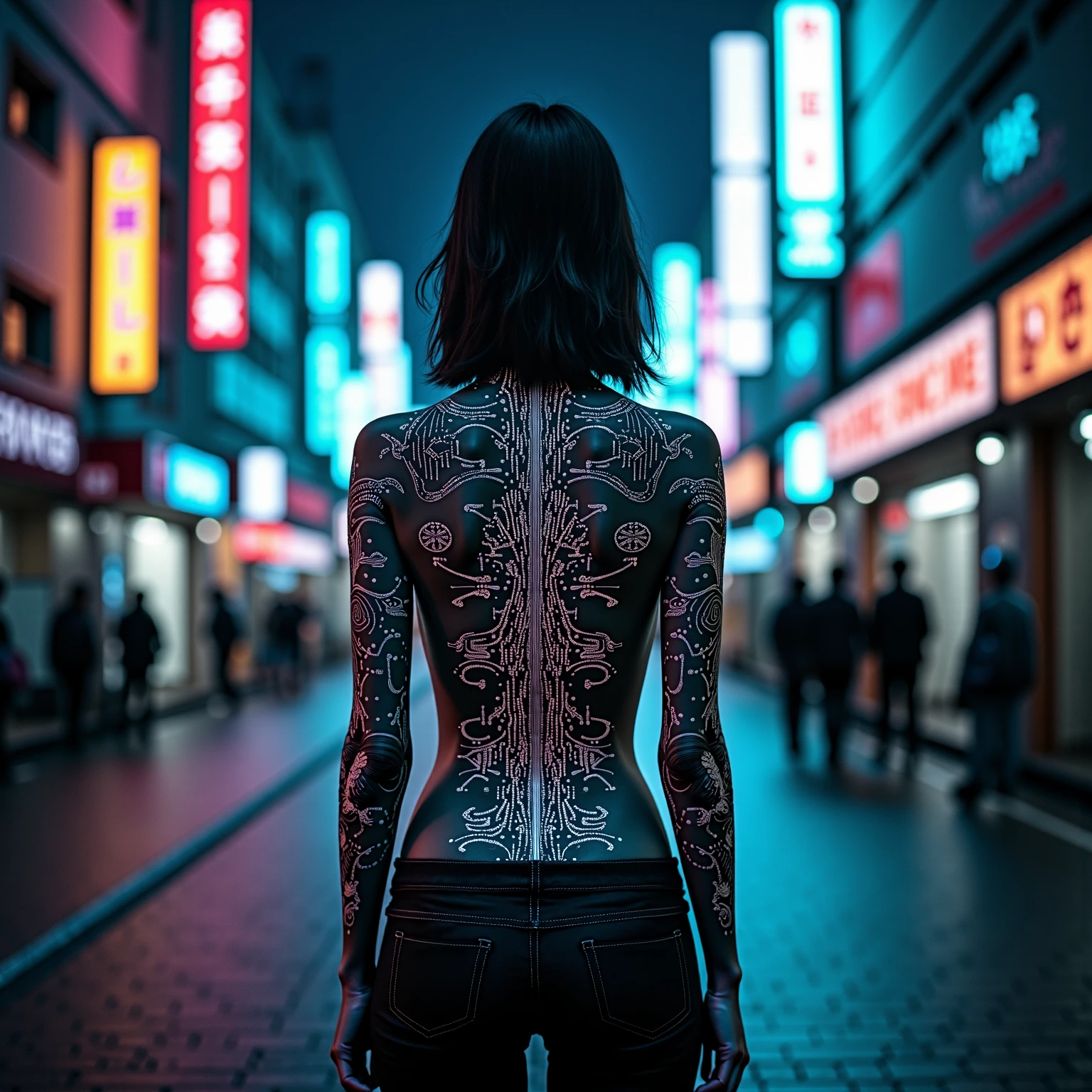 neck Tattoo, upbody, backview, from above, detailed background, by Satoshi Kon and Brandon Woelfel, best quality, masterpiece, very aesthetic, perfect composition, intricate details, ultra-detailed