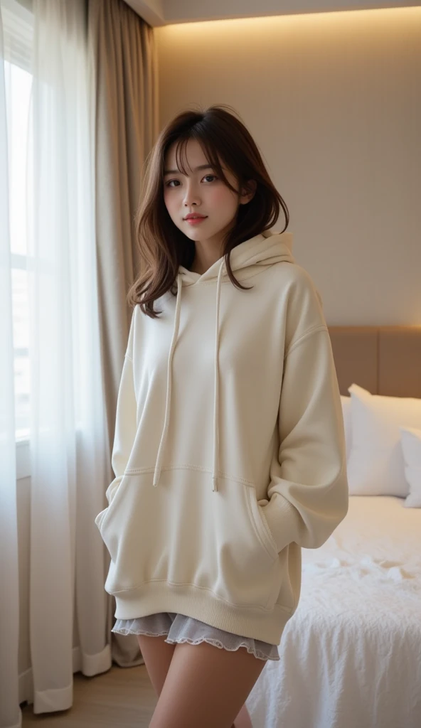 Woman wearing cotton lounge house boxer shorts and hoodie
