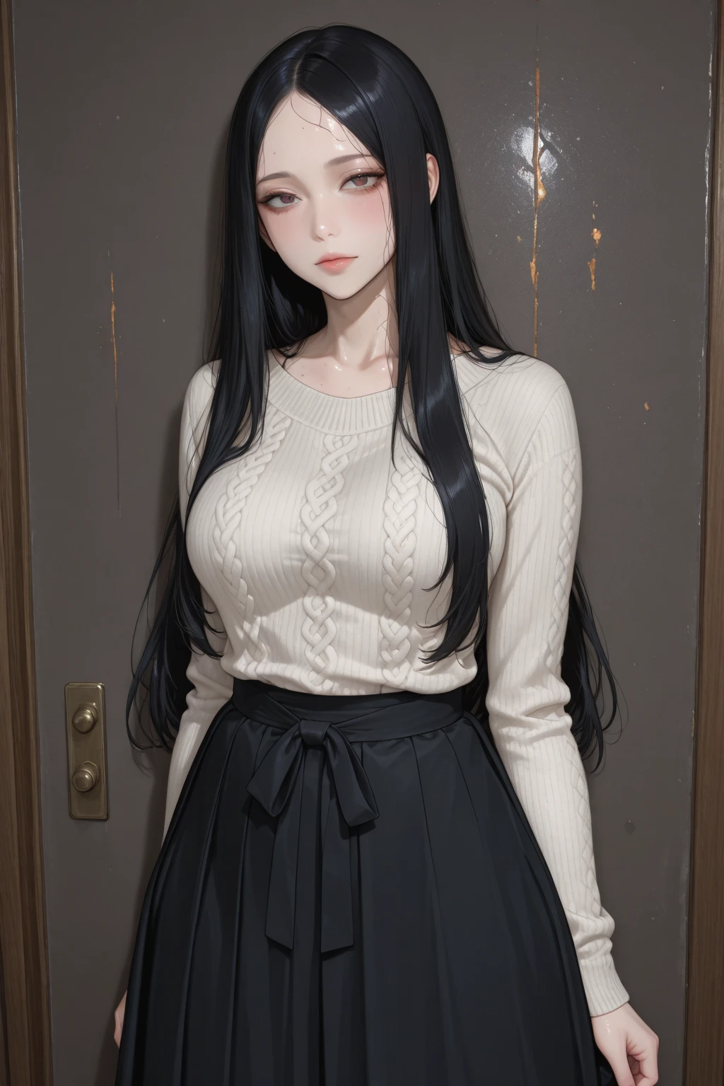 Highest quality、8K、32k、masterpiece、Hmph:1.2)、One Girl、One Girl、Black-haired、Heavy bangs、Chest-length hair、Focus on the face、Focus on the face、(jirai makeup:1.3, Virgin killer sweater:1.5, 頭から足まで:1.5)