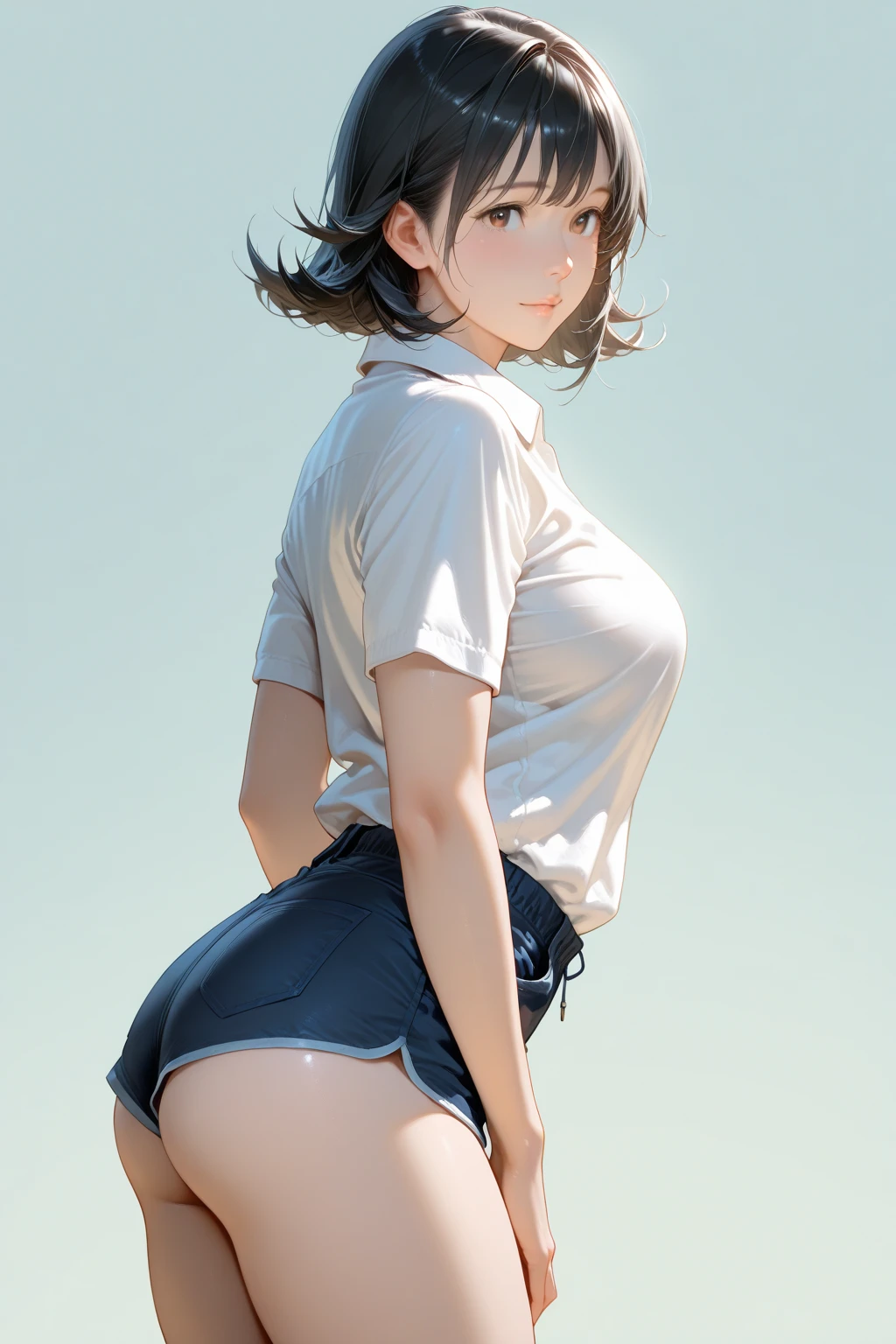Make a woman with short dark hair, big breasts and big ass wearing a transparent white t-shirt and a very short short 