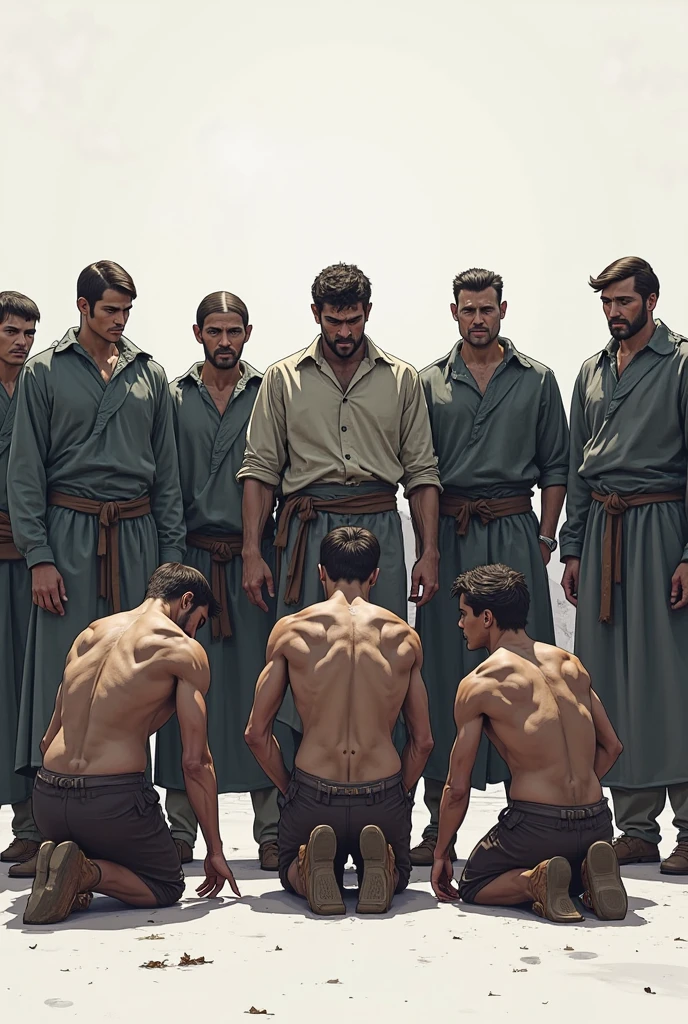 Masterpiece, creat a high resolution Portrait.  Druze 5 family young and mature handsome men in a small village as modern turkish wrestlers, hairy, very masculine men ,traditional, hairy chest,druze village,hefty, wisdome, shirtless, trees, exposed, intimate, slim, modeling, weapons, realistic, extremely dynamic action poses, low angle shot.