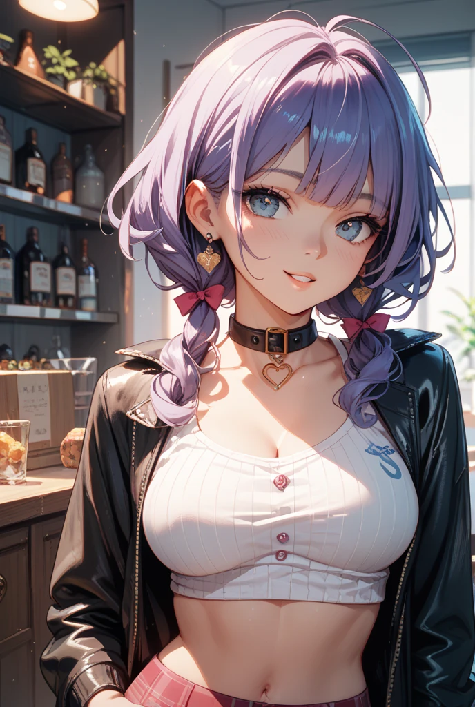 Best quality, Masterpiece, Portrait, Perfect anatomy, Femininity, Cool, Flawless, , Solo, Sexy, Stylish, Mature, Purple eyes, Long light pink hair, Mole above lip, Red lipstick, Big breasts, Outfit, in a cafe with girl with light blue hair drinking coffee