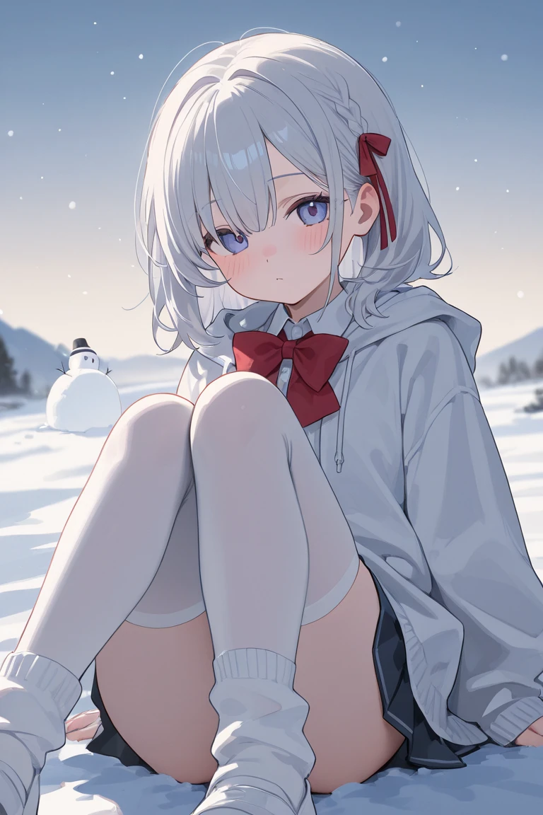 <lora:kalalax_xl:1> Clara, barefoot, red jacket, jacket, long sleeves, bare legs, open clothes, sweater,red eyes, sitting, snowing,, (((masterpiece))),((extremely detailed CG unity 8k wallpaper)),best quality,high resolution illustration,Amazing,intricate detail,(best illumination, best shadow, an extremely delicate and beautiful),hdr