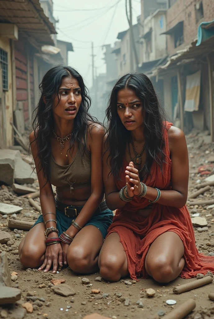 "A sorrowful woman, dressed in tattered clothes, with a perfect cleavage, sitting beneath a large tree. Her expression should show deep sadness as she reaches out for the fruit, with Raghu approaching her with concern