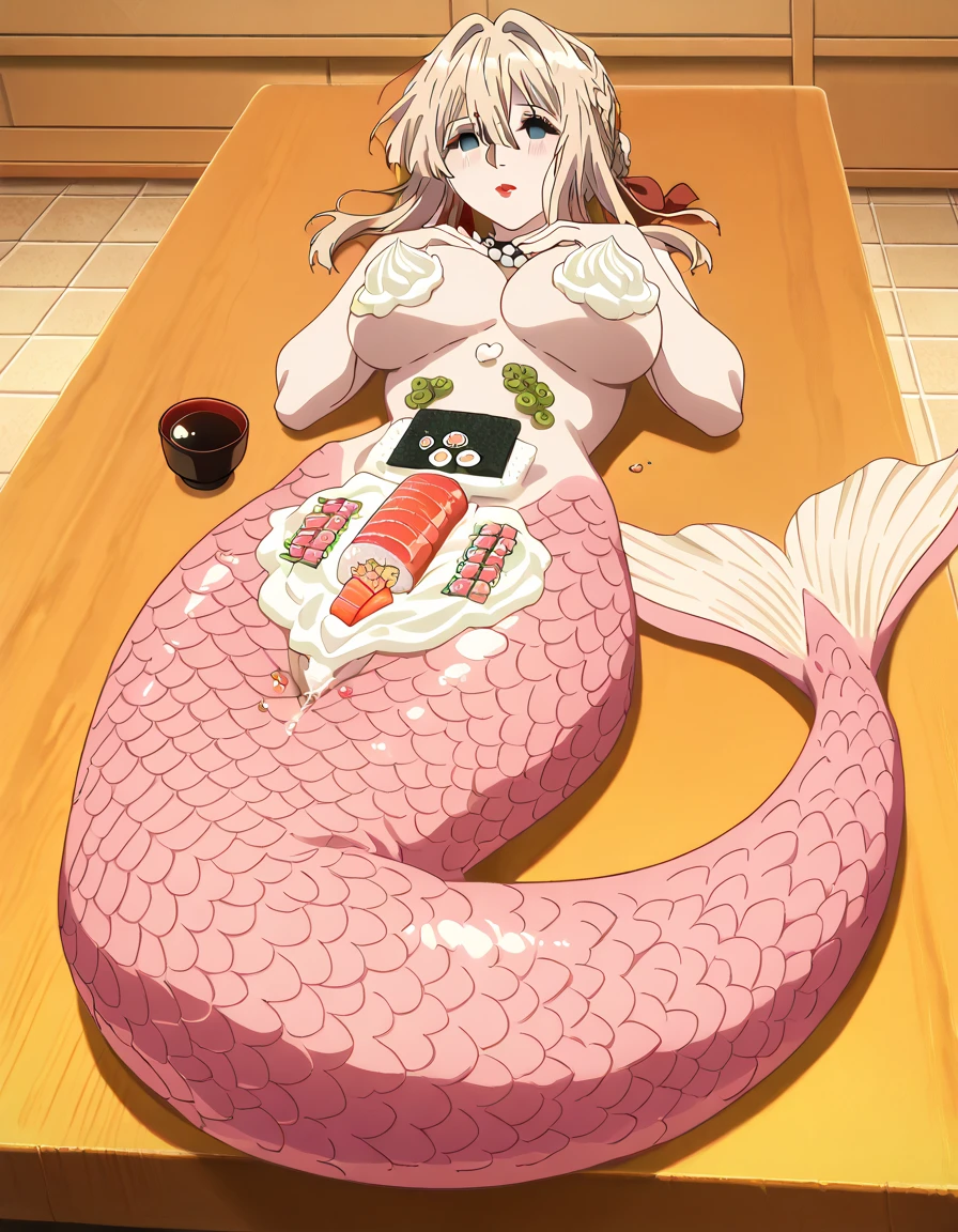 (Extreme complexity, multiple subjects)A giant octopus (panic ked, many tentacles, struggling) is on a sushi table. Its many tentacle are being restrained by many naked Japanese women (petite, assorted small breast sizes, varied height, varied weight, varied face face). the women are restraining the tentacles and using them for sex or caressing's their breasts with them. Very near the octopus's head a naked woman sushi chef is sharpening her blades and preparing vegetables.