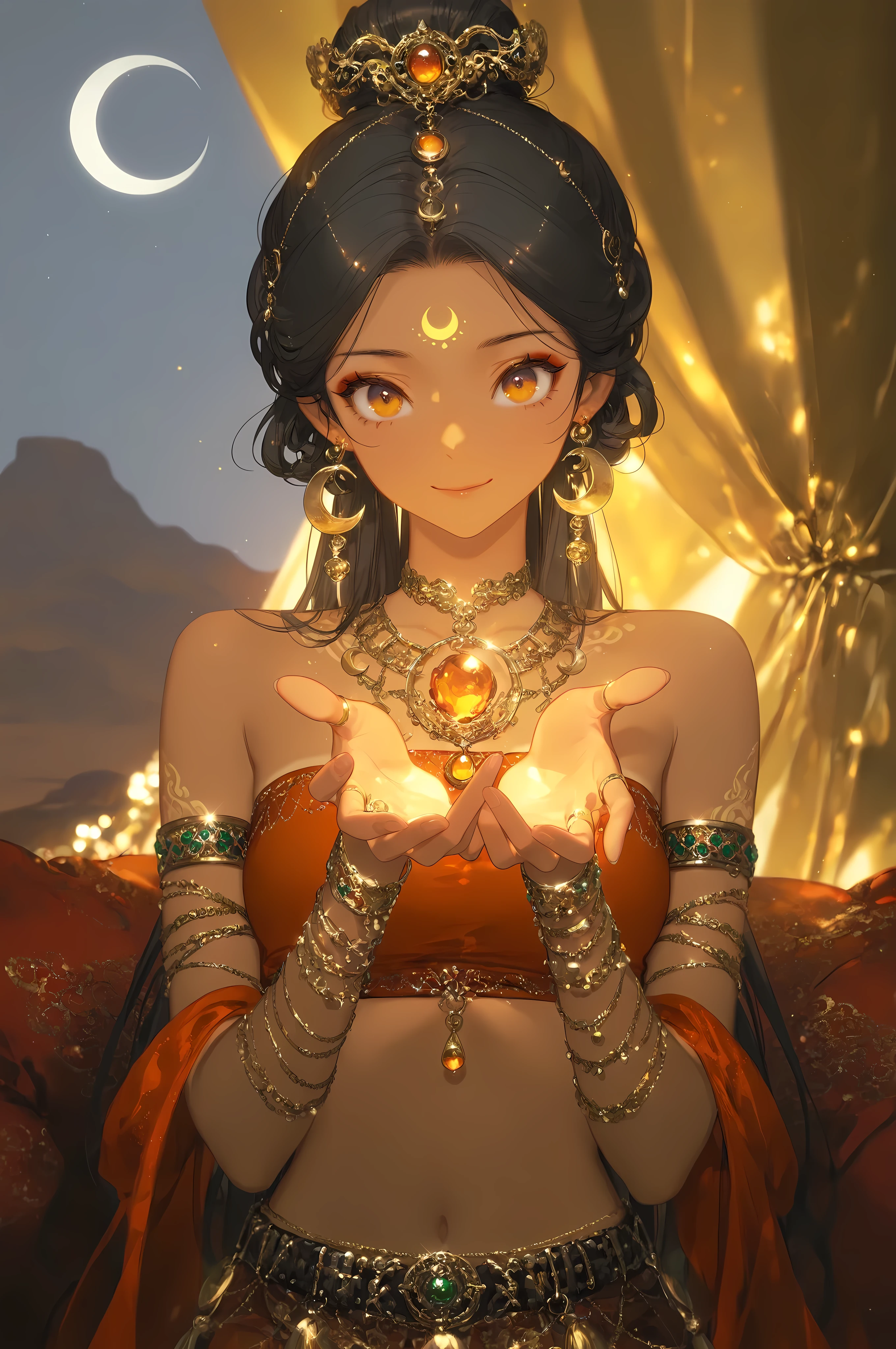 mian_lang,masterpiece, best quality, ultra-detailed, 8k resolution, illustration, cinematic lighting, sharp focus,
1girl, solo, beautiful, alluring desert dancer,
(ornate gold and silver jewelry:1.2), (mesmerizing amber eyes:1.1), (skin shimmering with gold dust:1.1),
tanned skin, heavy eyeliner, sharp gaze, looking at viewer with a subtle smile,
long black hair, hair ornaments, hair beads,
deep red velvet tube top, strapless, gold embroidery, filigree, adorned with tiny metal plates and jingle bells,
(covered in jewels), forehead jewel, crescent moon earrings, layered armlets and bangles,
low-slung chain belt, jewelry belt with a large orange gem, tassels,
intricate henna tattoos on hands and fingers,
medium shot, upper body, face focus,
inside a luxurious desert tent at night, silk cushions in the background, warm lantern light casting dramatic shadows
